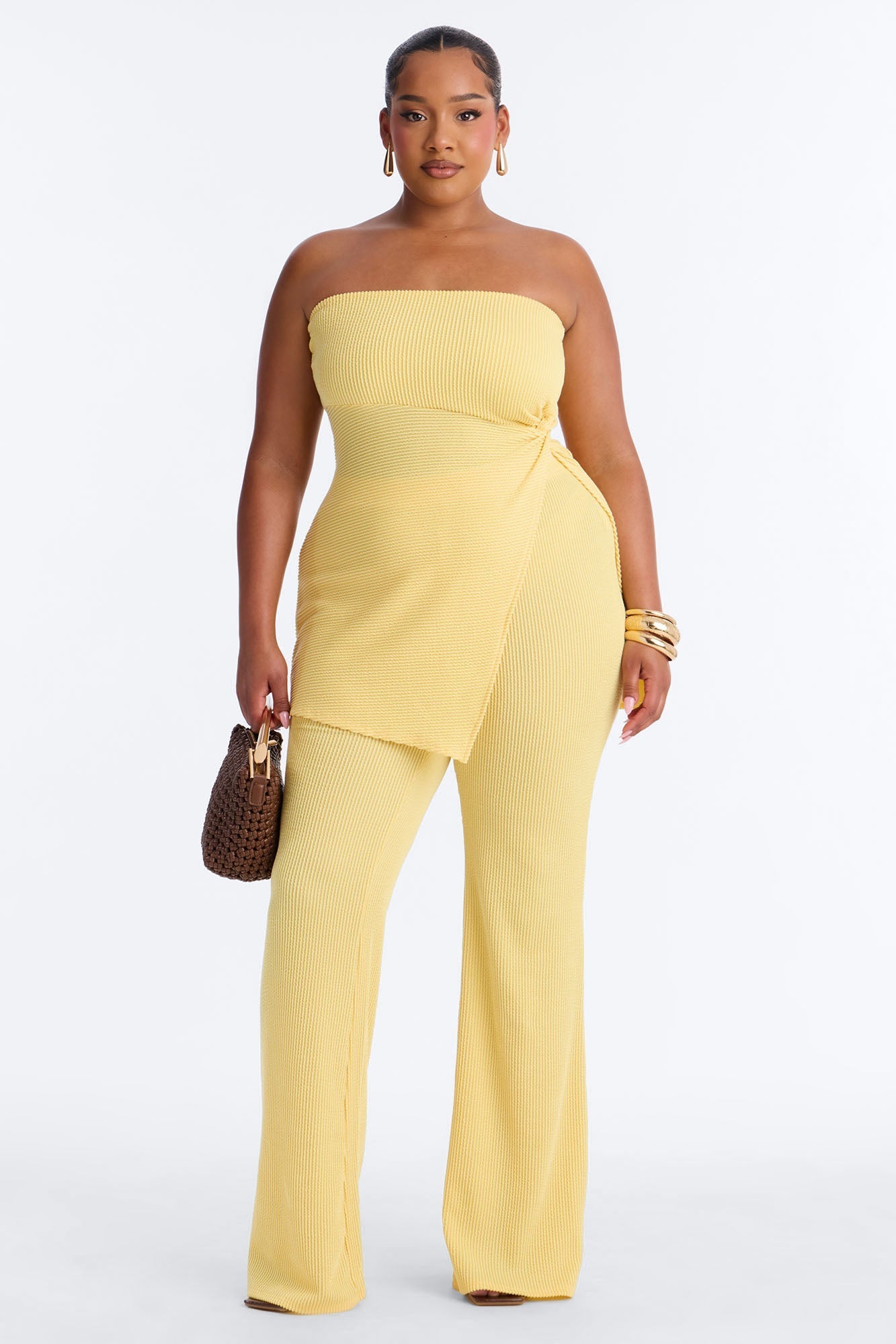 Mona Textured Strapless Flare Pant Set - Yellow NEWFASHIONEDGE
