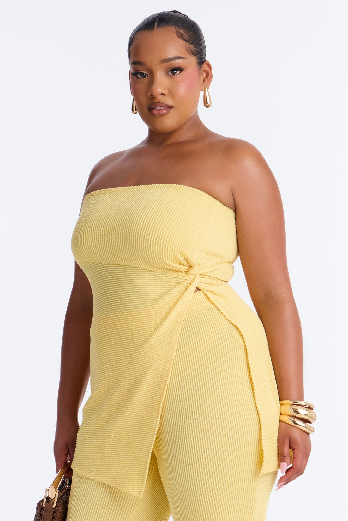 Mona Textured Strapless Flare Pant Set - Yellow NEWFASHIONEDGE