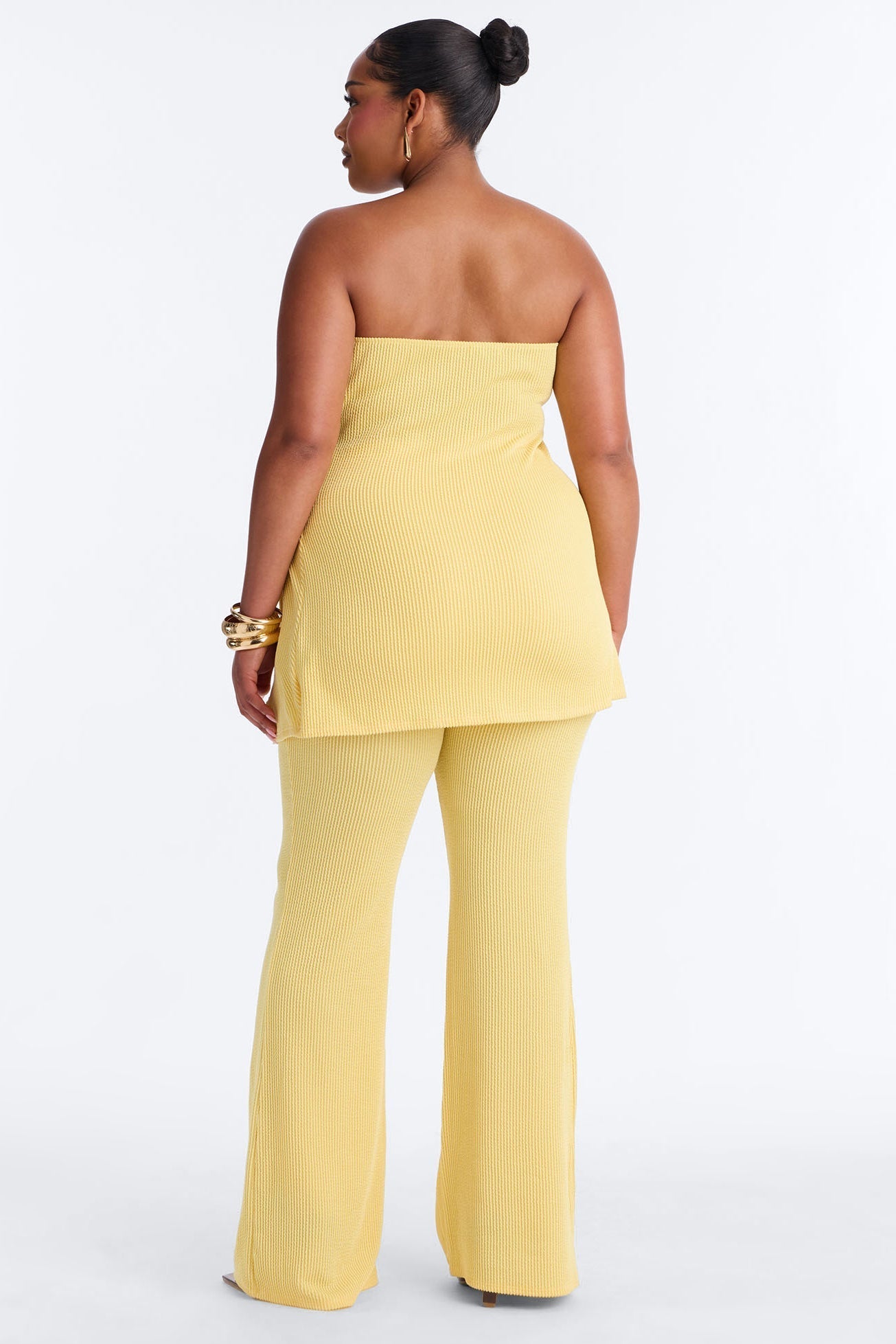 Mona Textured Strapless Flare Pant Set - Yellow NEWFASHIONEDGE