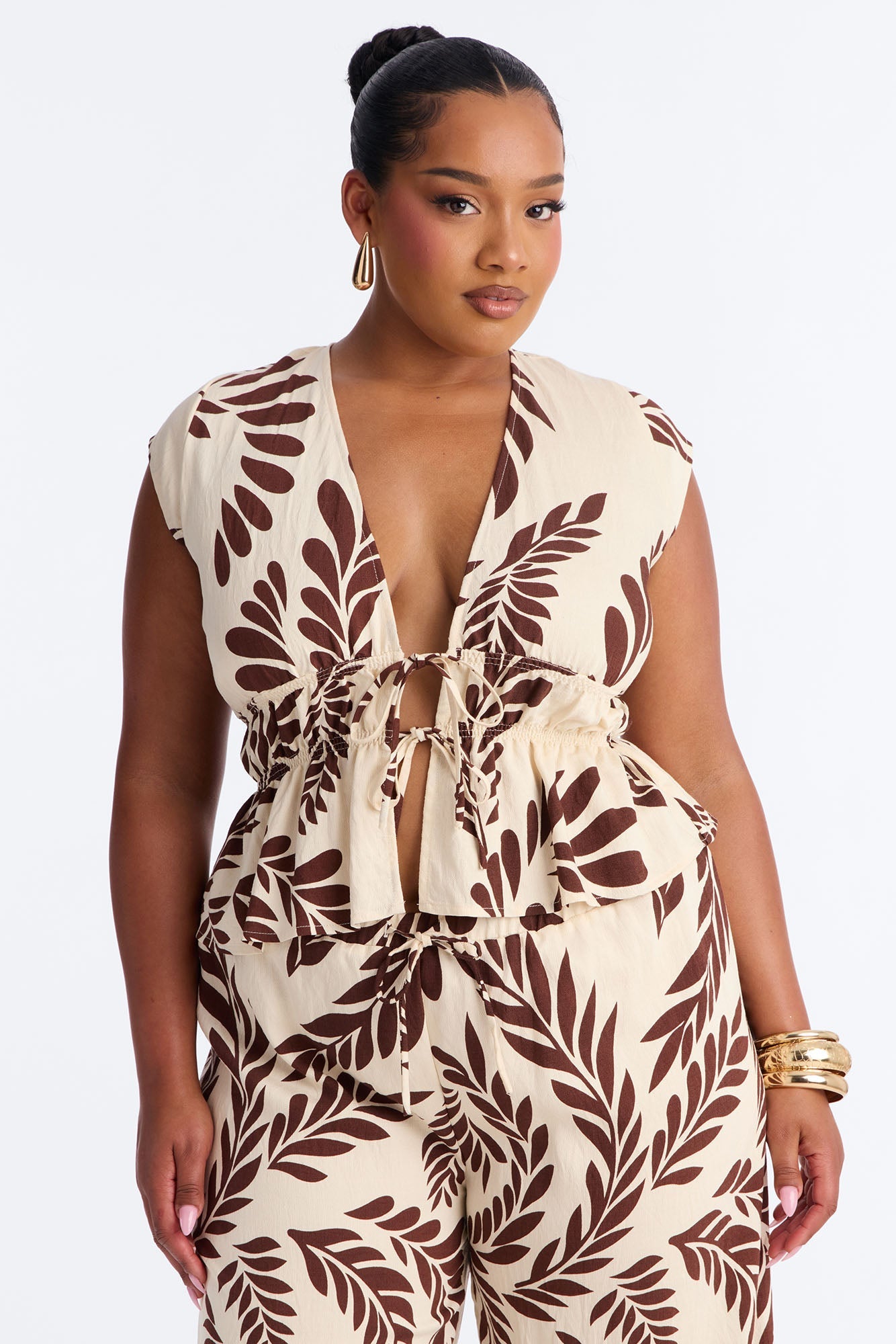 Soriana Linen Floral Pant Set - Brown Combo Fashion Nova