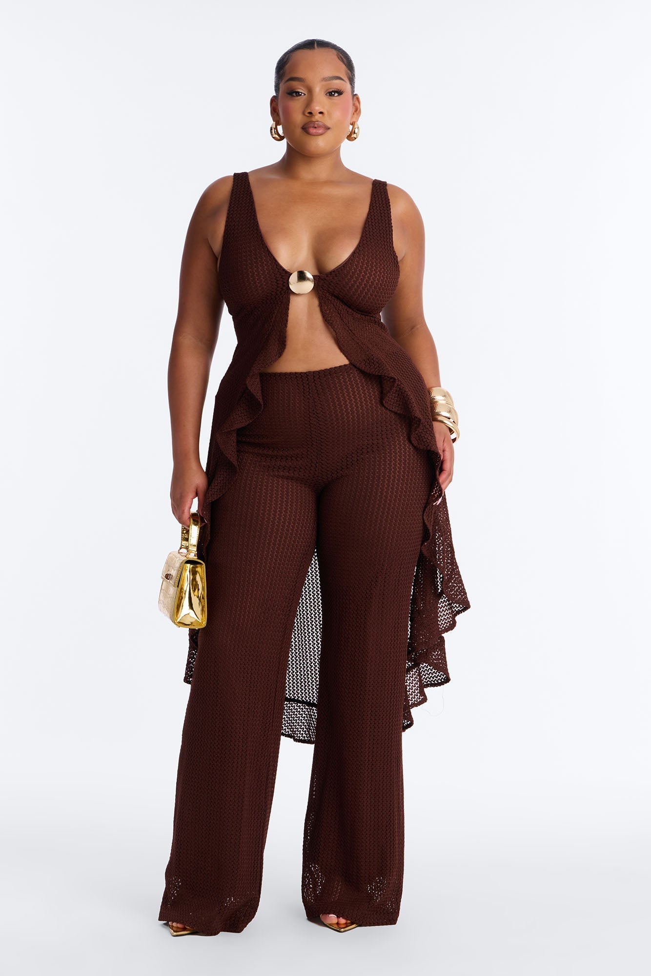 Jenni Flowy Crochet Pant Set - Chocolate NEWFASHIONEDGE