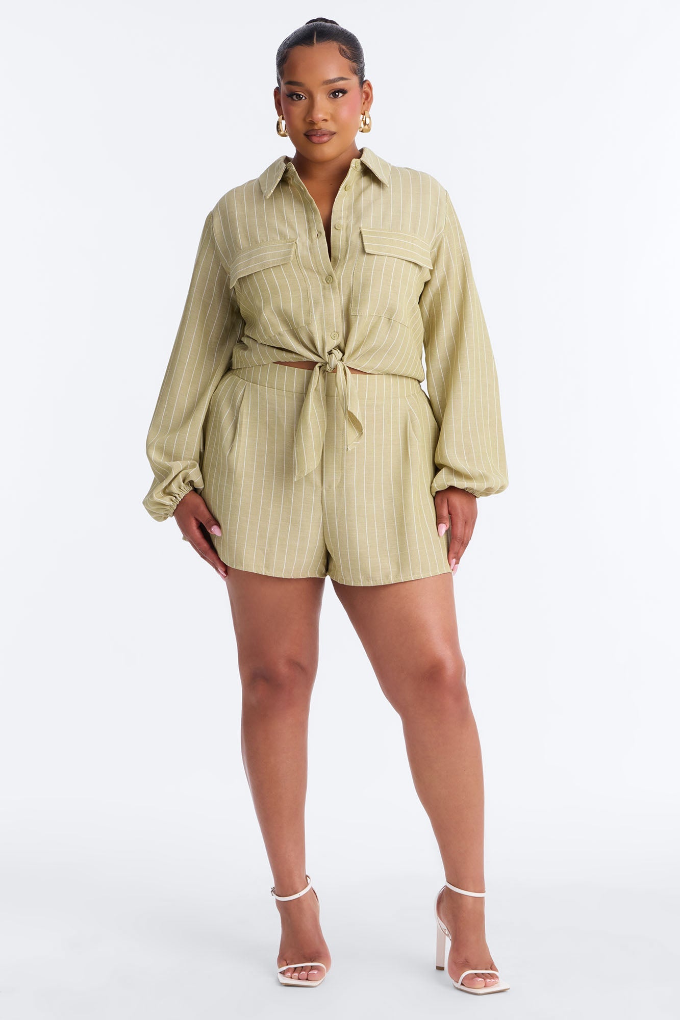 Kat Linen Button Up Short Set - Sage Fashion Nova