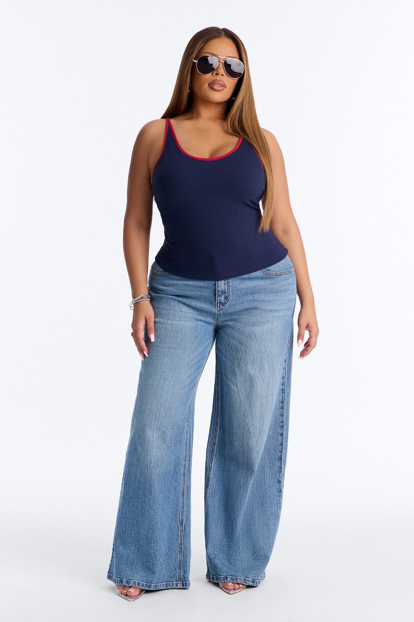 Boat Days Ribbed Padded Scoop Neck Tank Top - Navy/combo Fashion Nova
