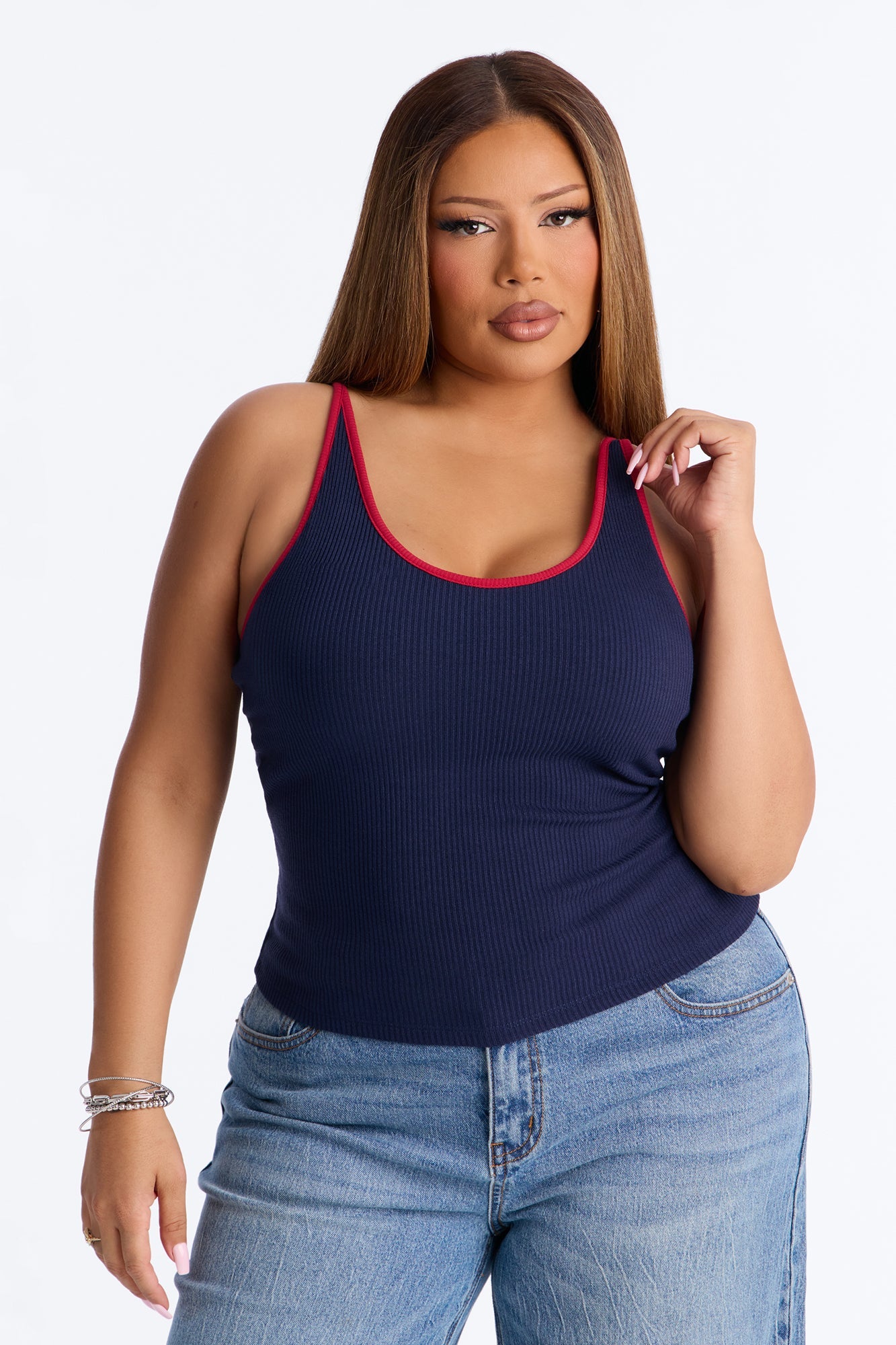 Boat Days Ribbed Padded Scoop Neck Tank Top - Navy/combo Fashion Nova