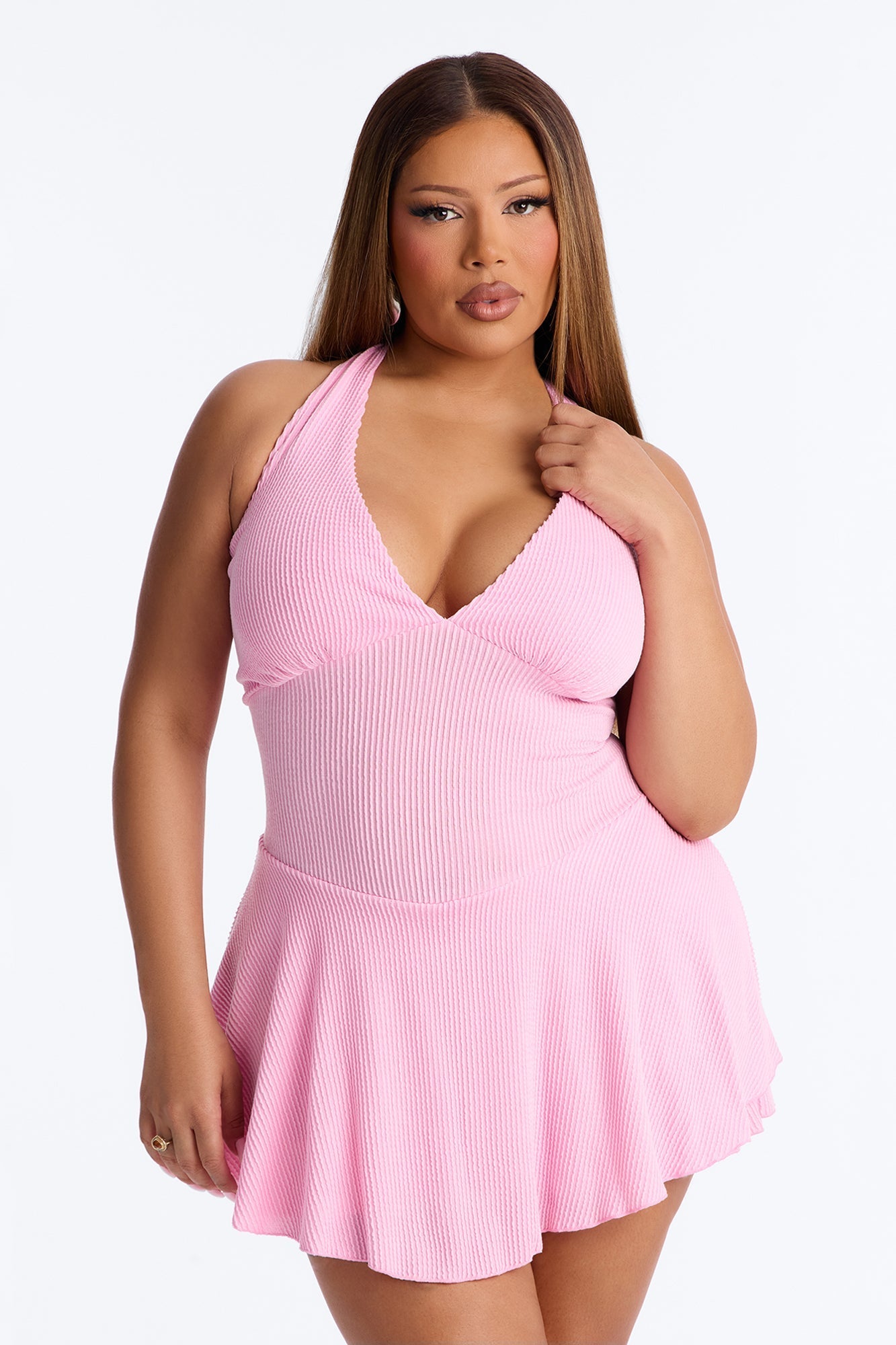 Kamryn Halter Ribbed Mini Dress - Pink NEWFASHIONEDGE