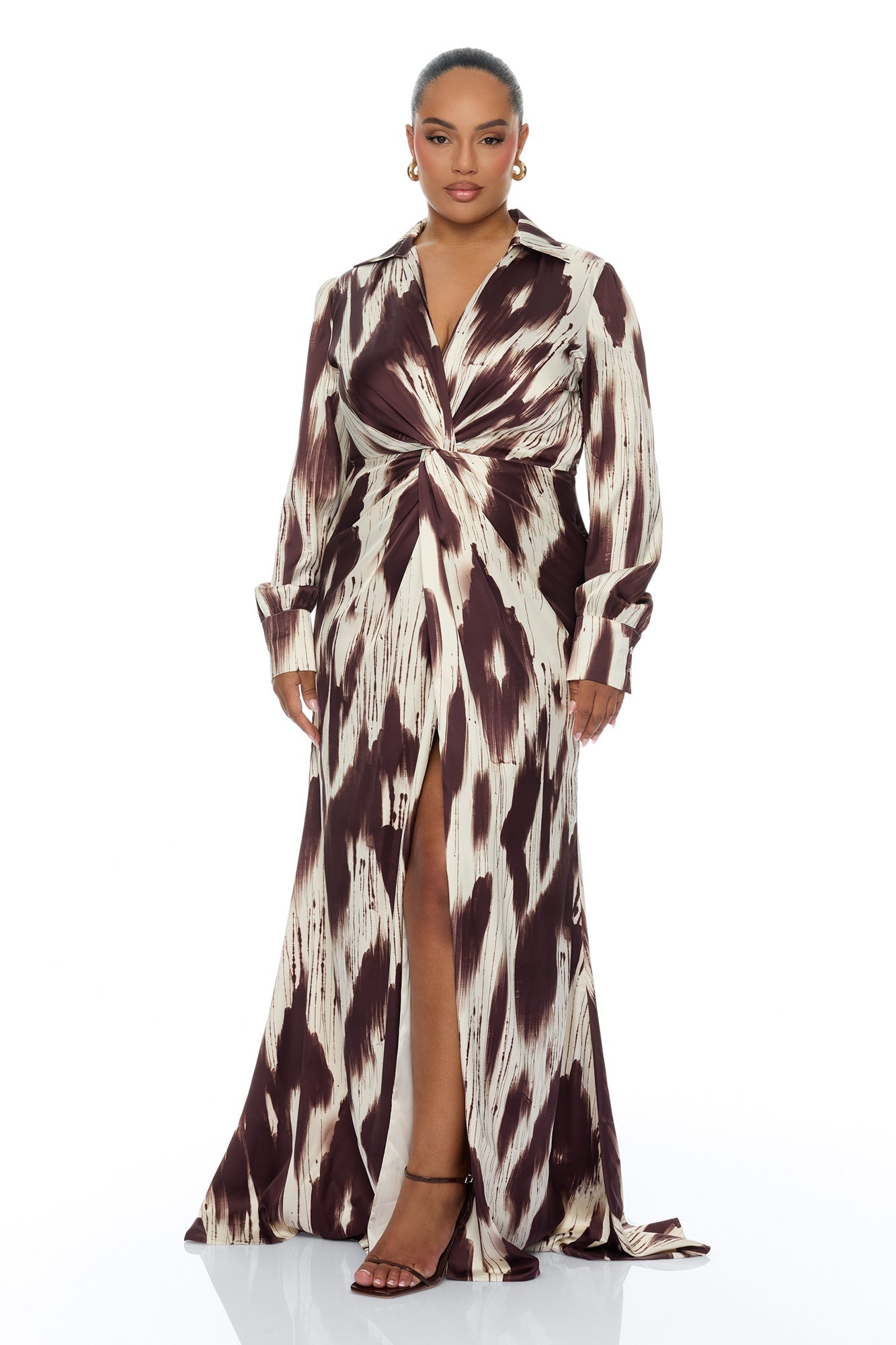 Sashira Collared Satin Maxi Dress - Brown/combo NEWFASHIONEDGE
