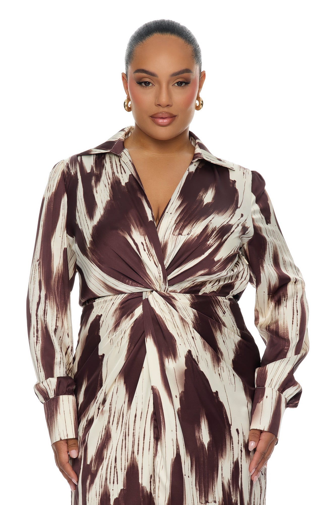 Sashira Collared Satin Maxi Dress - Brown/combo NEWFASHIONEDGE
