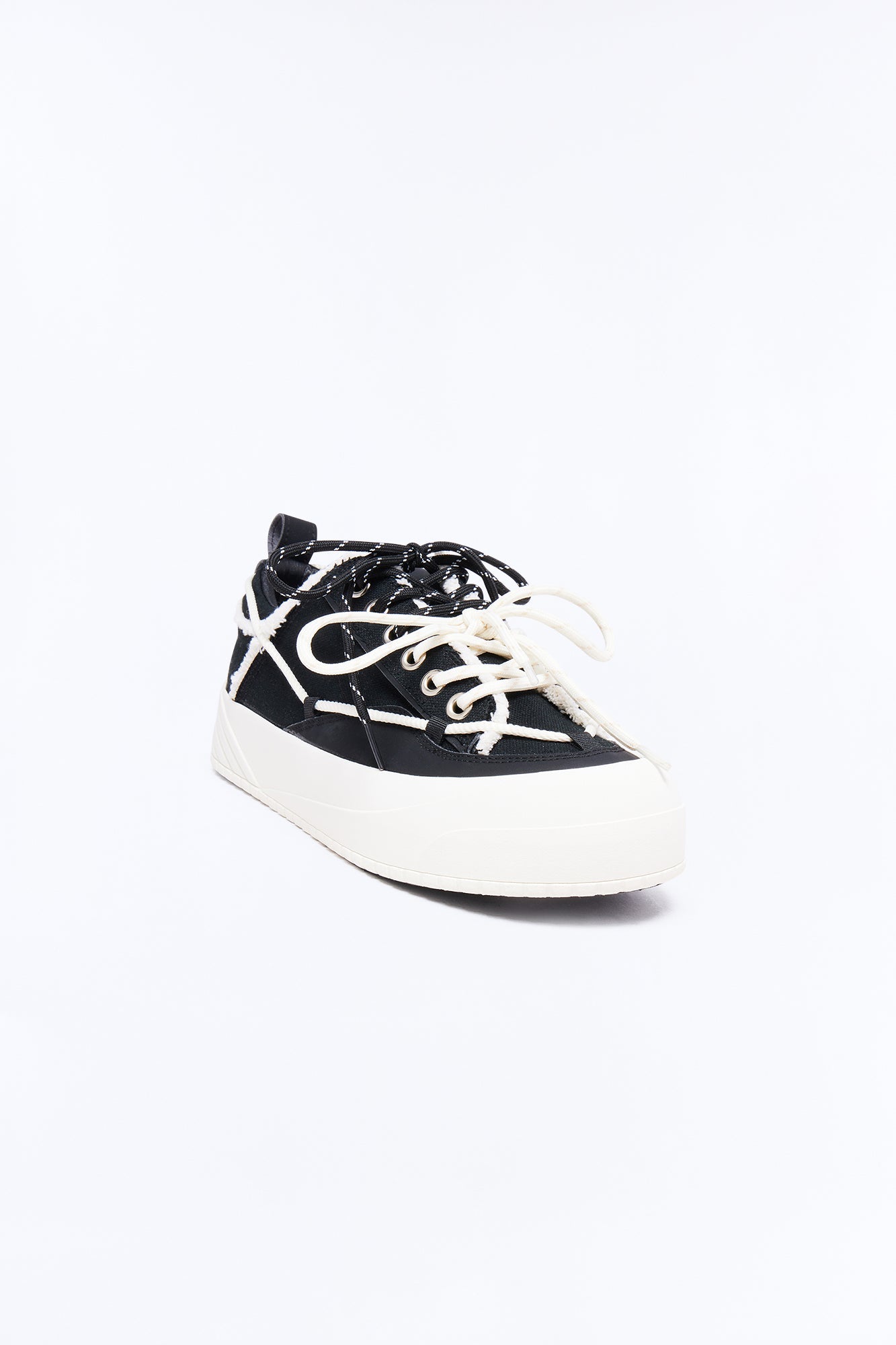 Double Lace Chunky Canvas Low Top Sneaker - Black