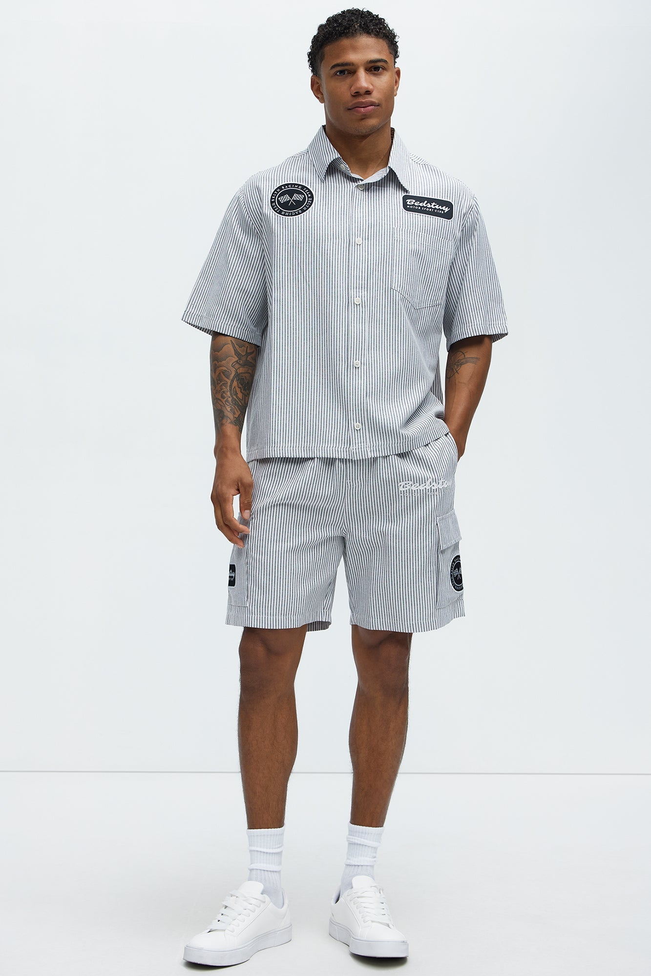 Cropped Bedstuy Patch Button Up Shirt - Black/White