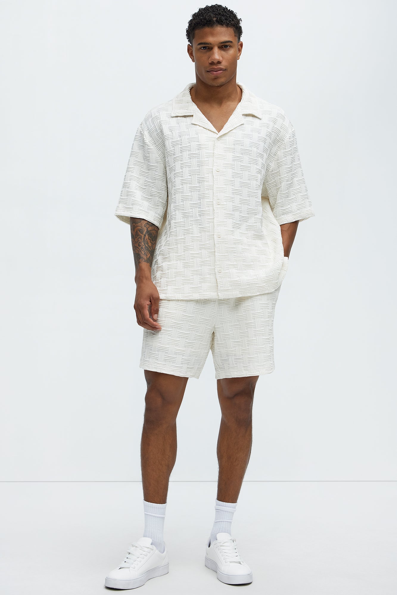 Criss Cross Textured Cuban Collar Shirt - Cream