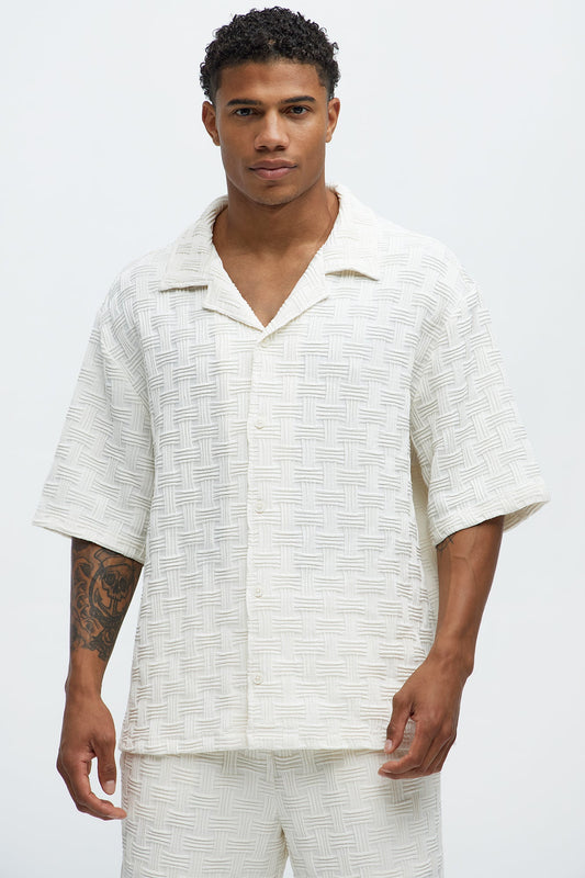 Criss Cross Textured Cuban Collar Shirt - Cream