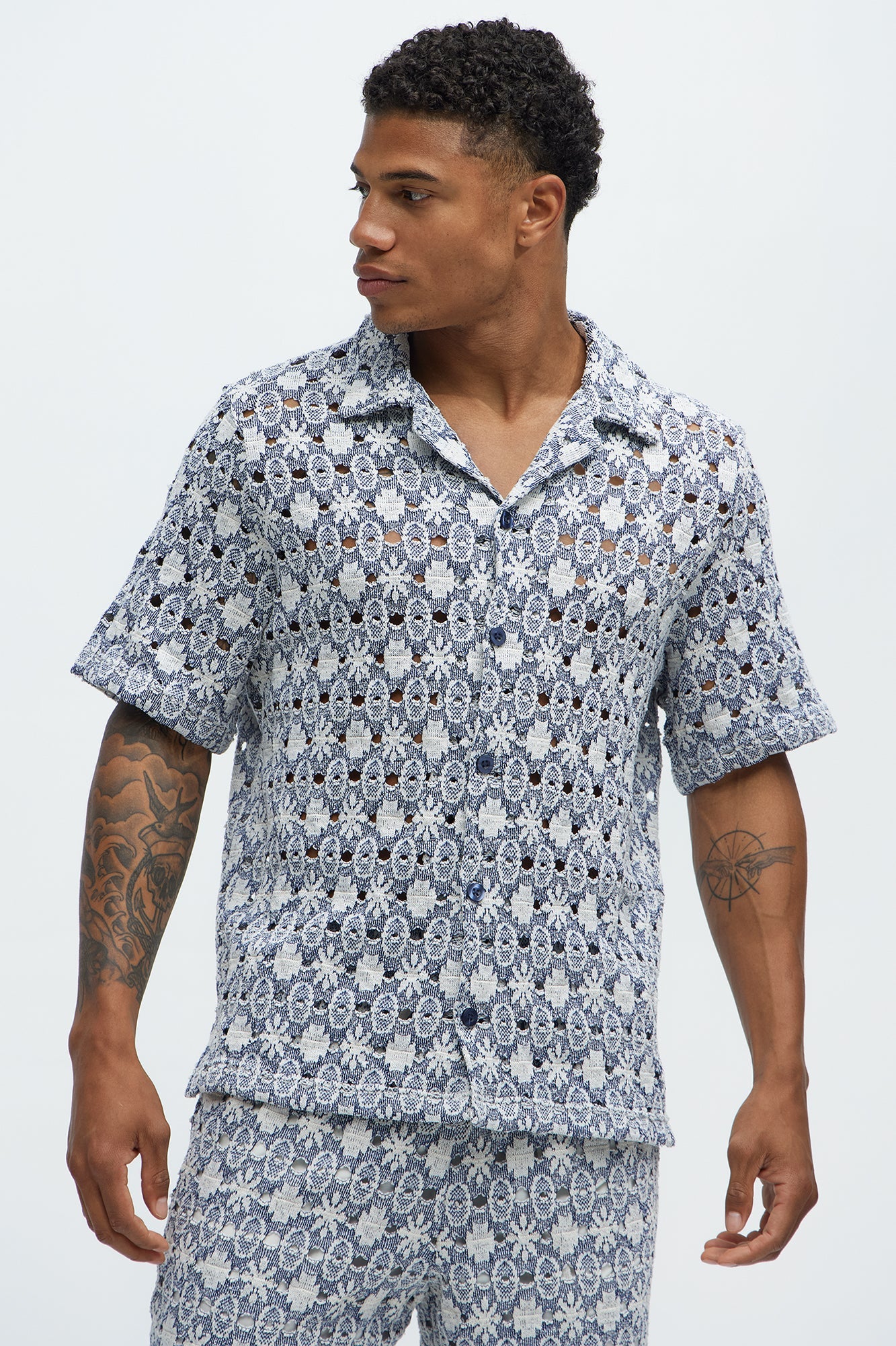 Patterned Open Knit Button Down Shirt - Blue/combo