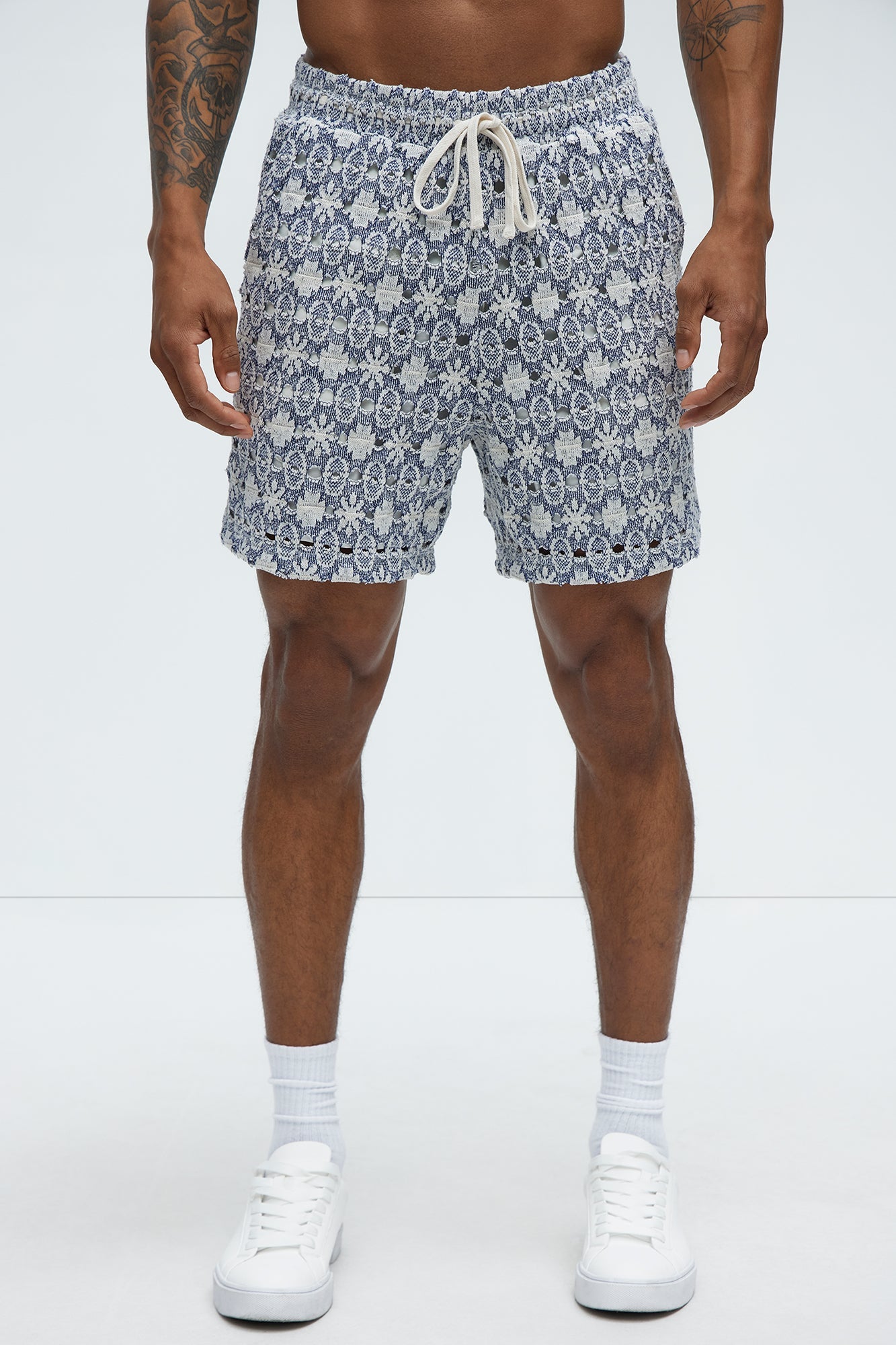 Patterned Open Knit Shorts - Blue/combo