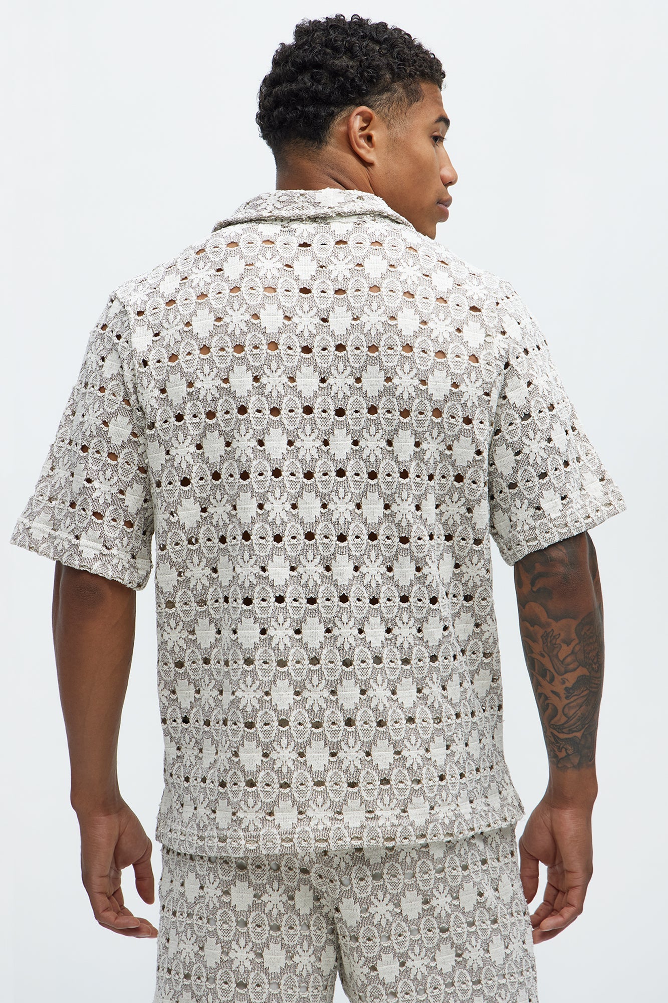 Patterned Open Knit Button Down Shirt - Cream/combo