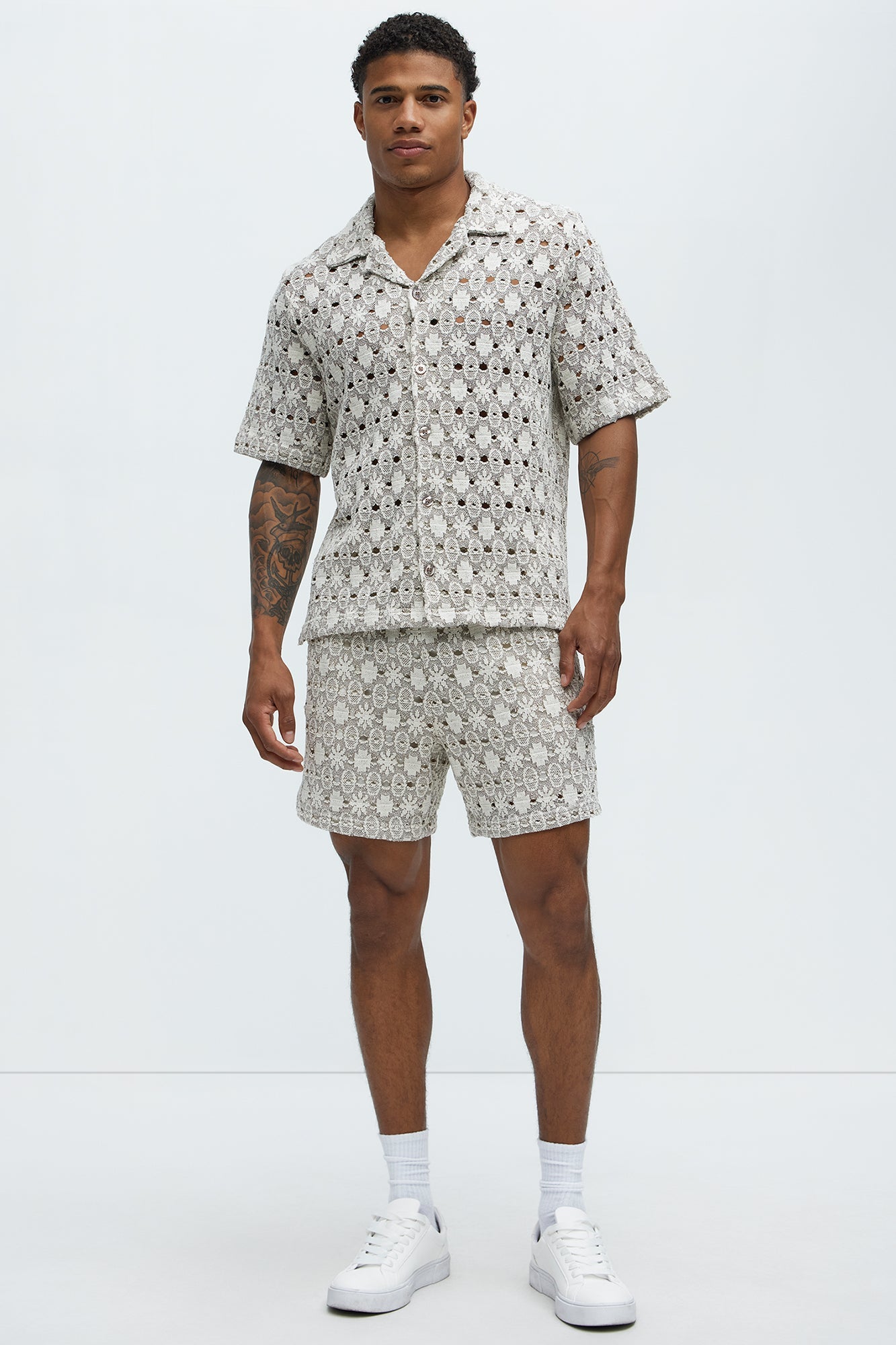 Patterned Open Knit Shorts - Cream/combo