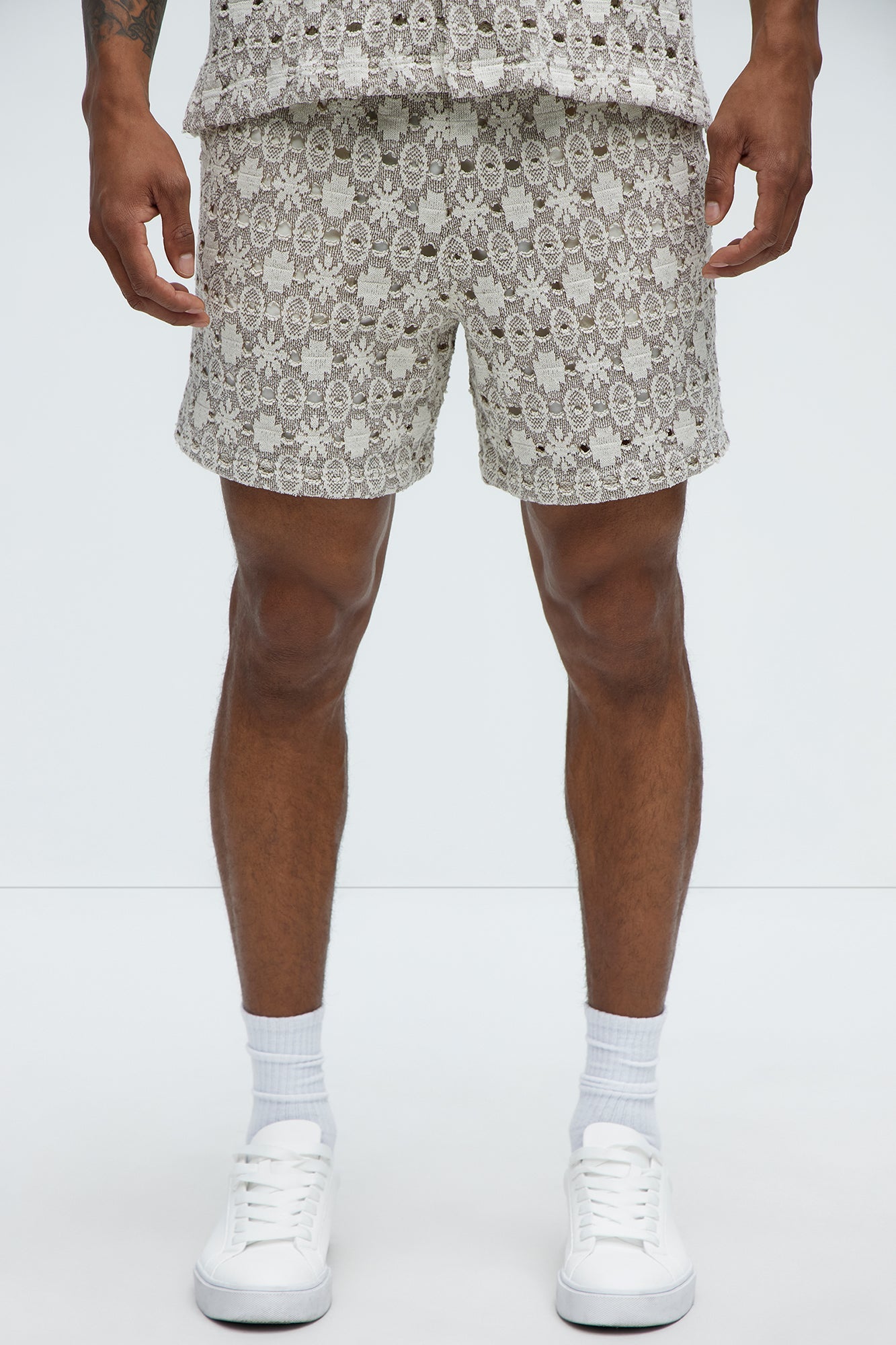Patterned Open Knit Shorts - Cream/combo