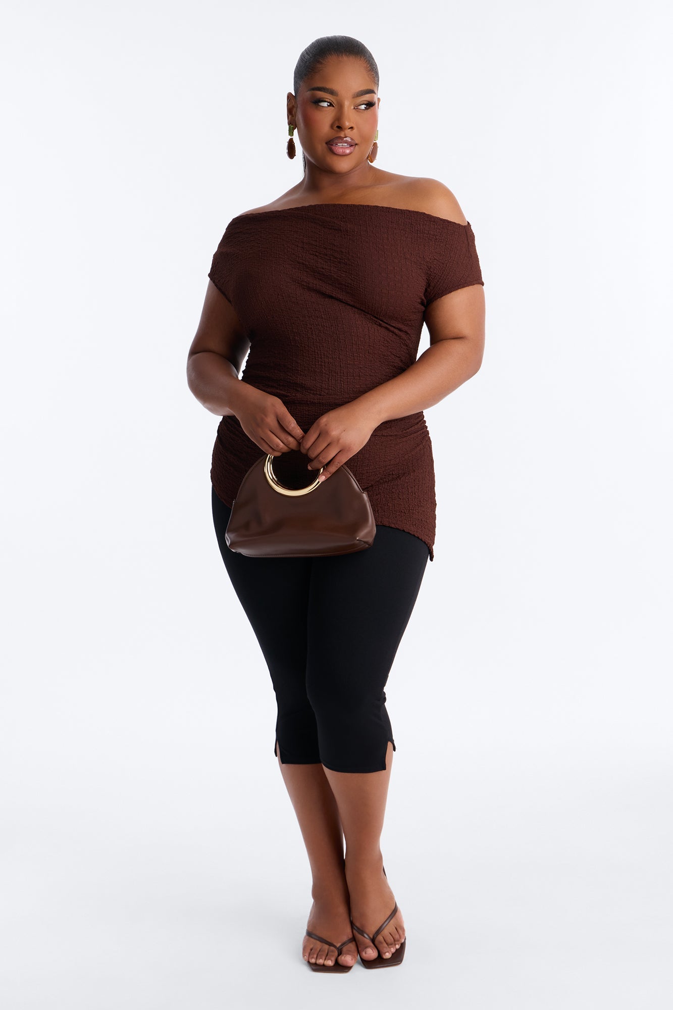 Tropical Tease Textured Off Shoulder Short Sleeve Top - Brown Fashion Nova