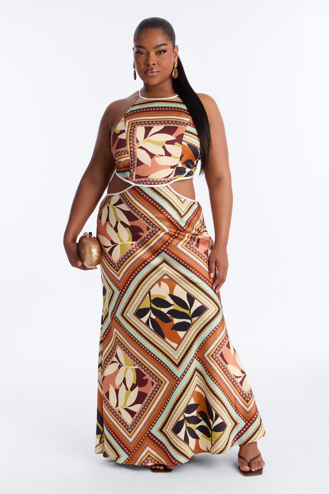 Chain Reaction Satin Maxi Dress - Brown/combo