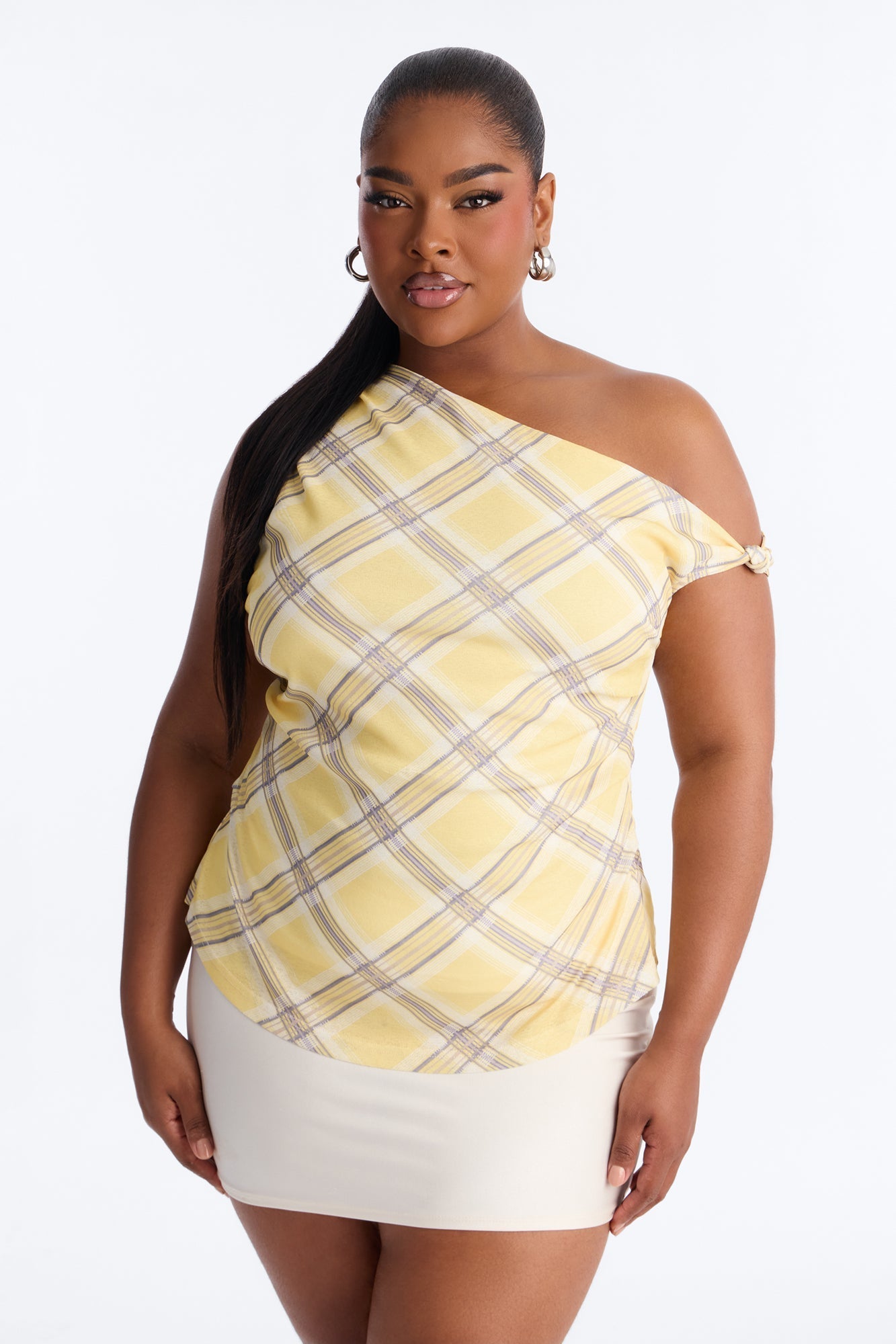 Elevated Life One Shoulder Ruched Plaid Top - Yellow/combo NEWFASHIONEDGE