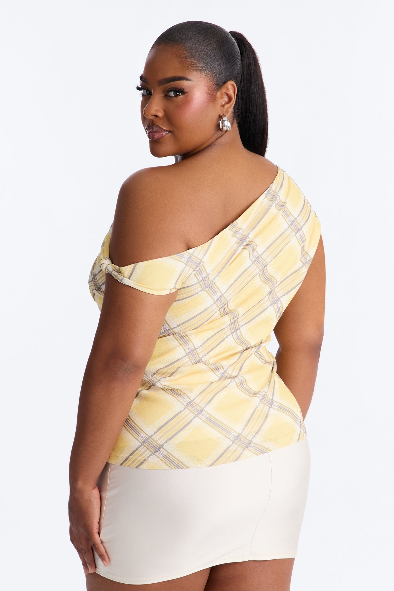 Elevated Life One Shoulder Ruched Plaid Top - Yellow/combo NEWFASHIONEDGE