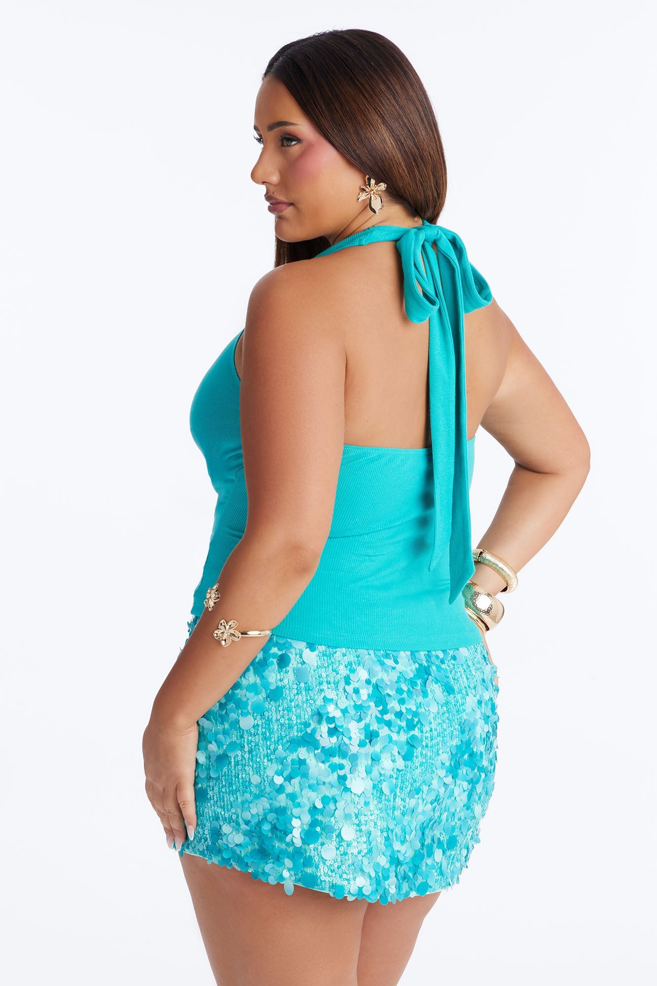 Haley Hardware Ruched Ribbed Halter Top - Blue Fashion Nova