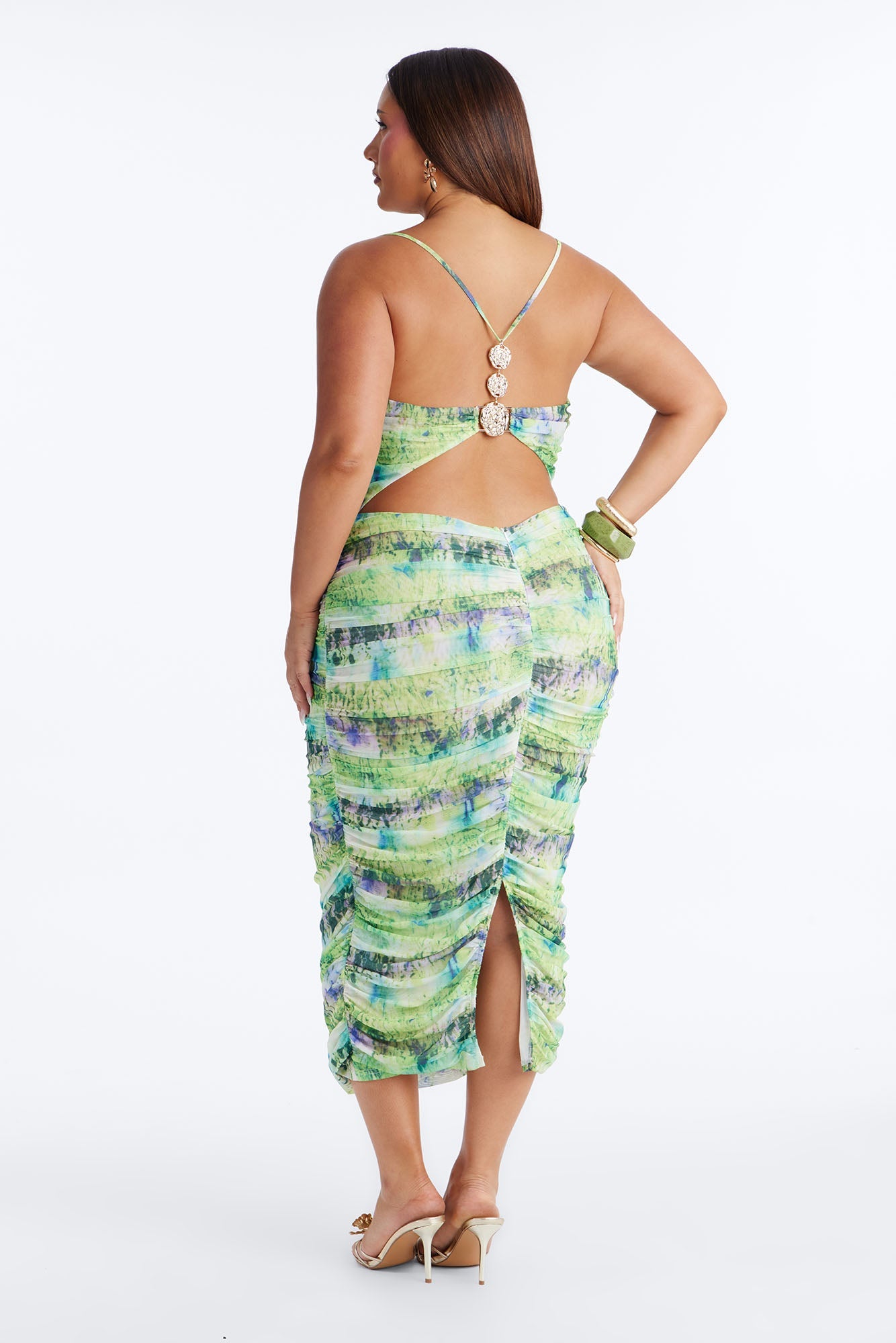 Adelina Ruched Mesh Midi Dress - Green/combo Fashion Nova