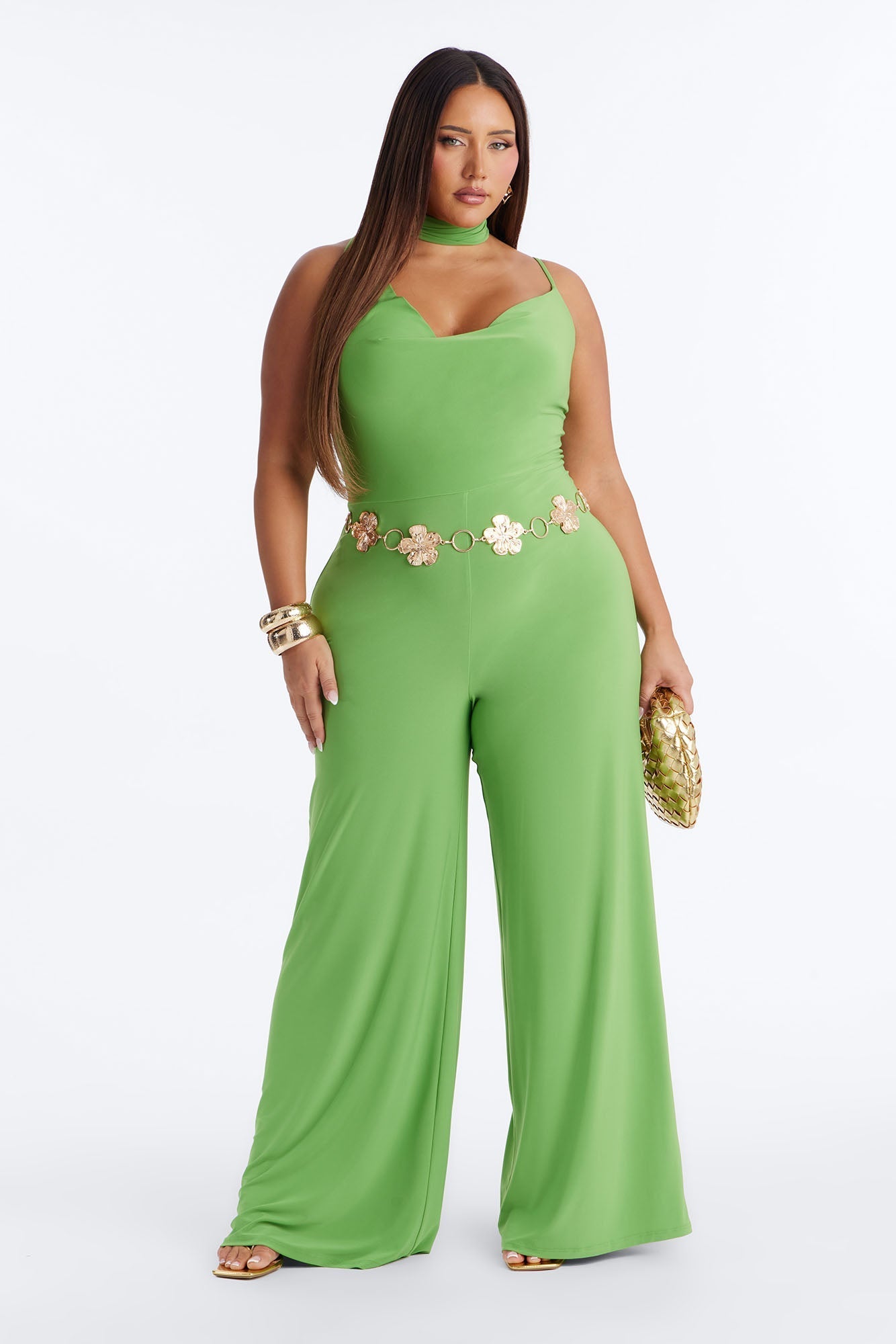 Maliyah Draped Scarf Wide Leg Jumpsuit - Green NEWFASHIONEDGE