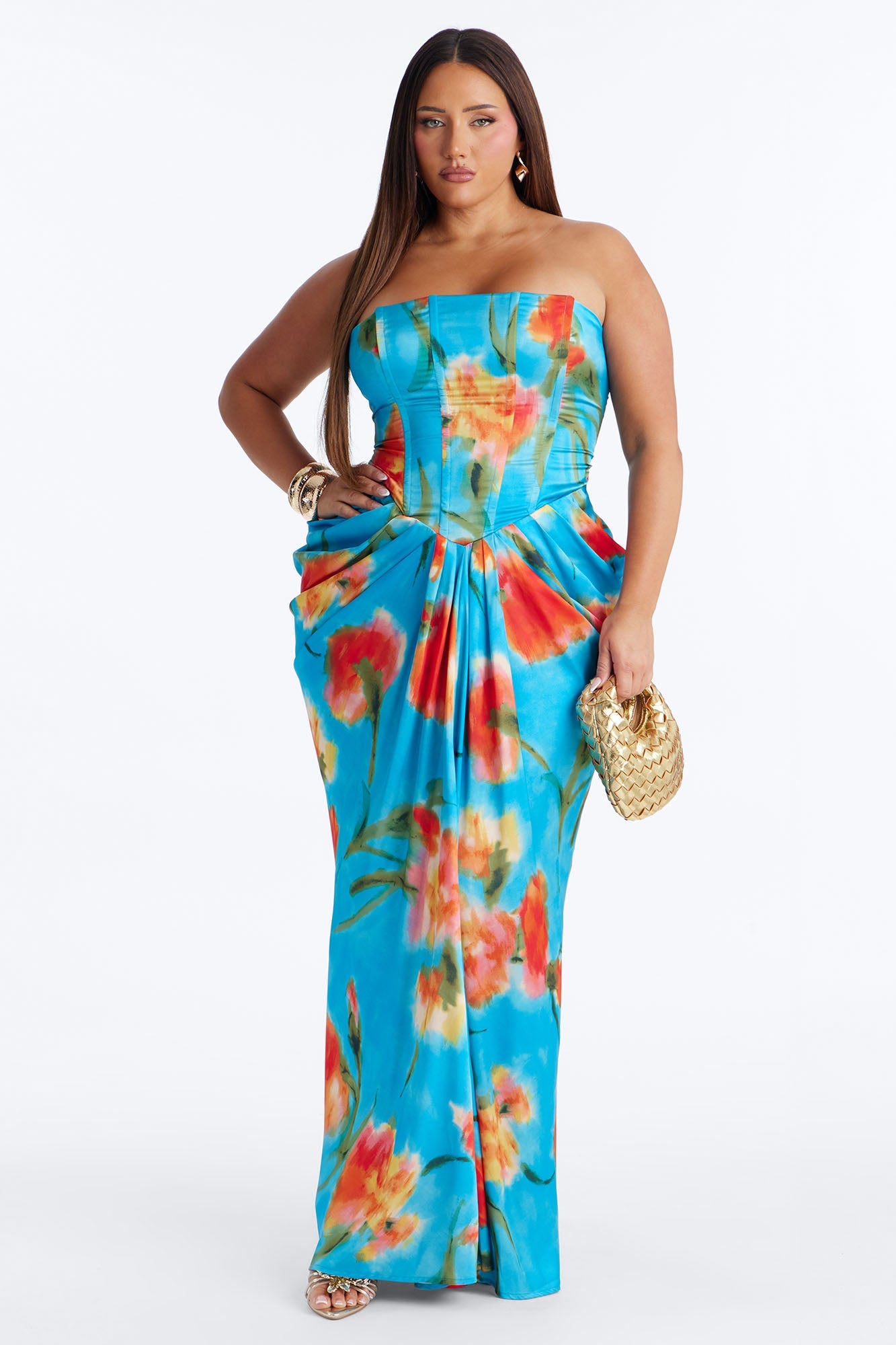 Nylah Corset Tie Dye Satin Maxi Dress - Blue/combo
