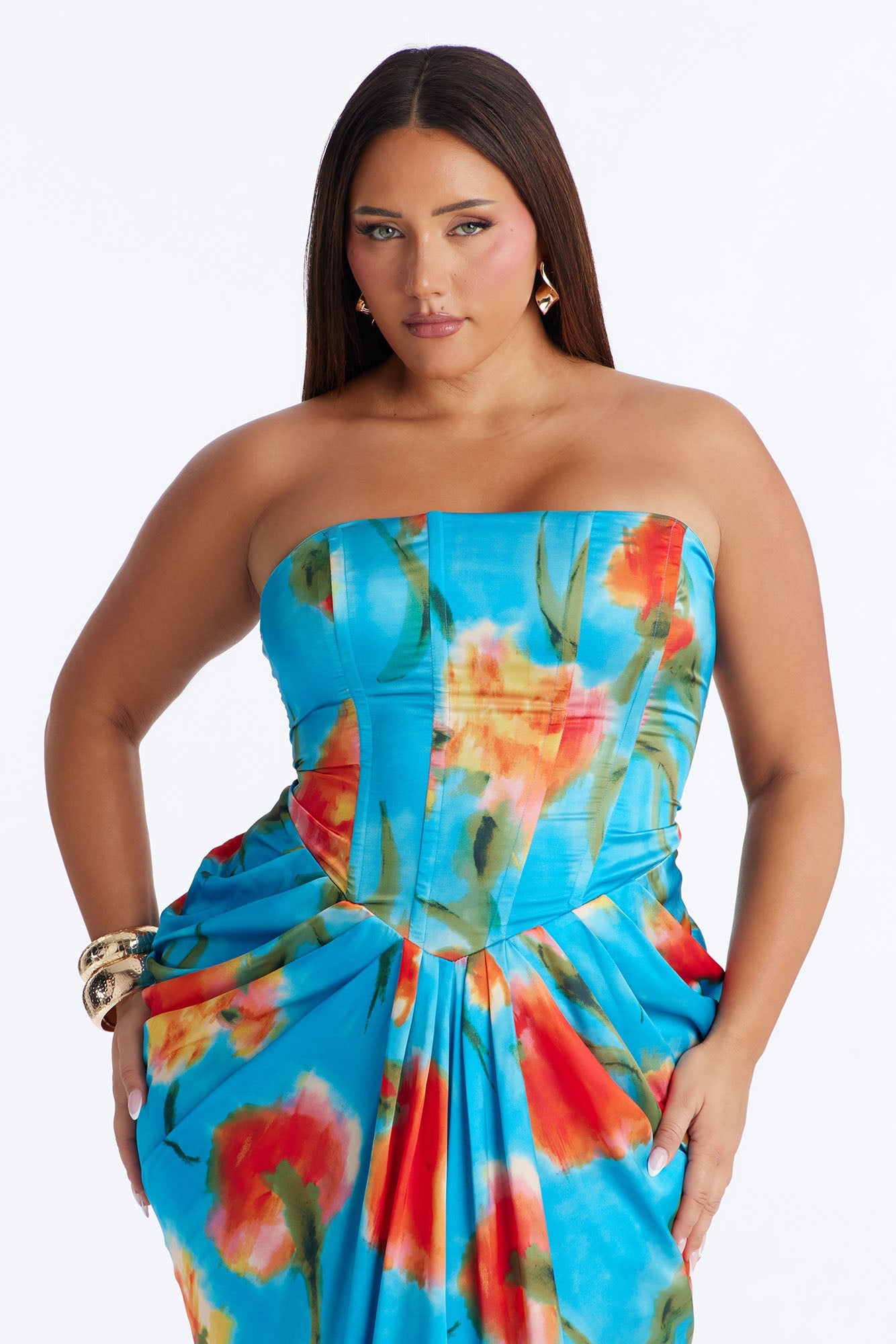Nylah Corset Tie Dye Satin Maxi Dress - Blue/combo
