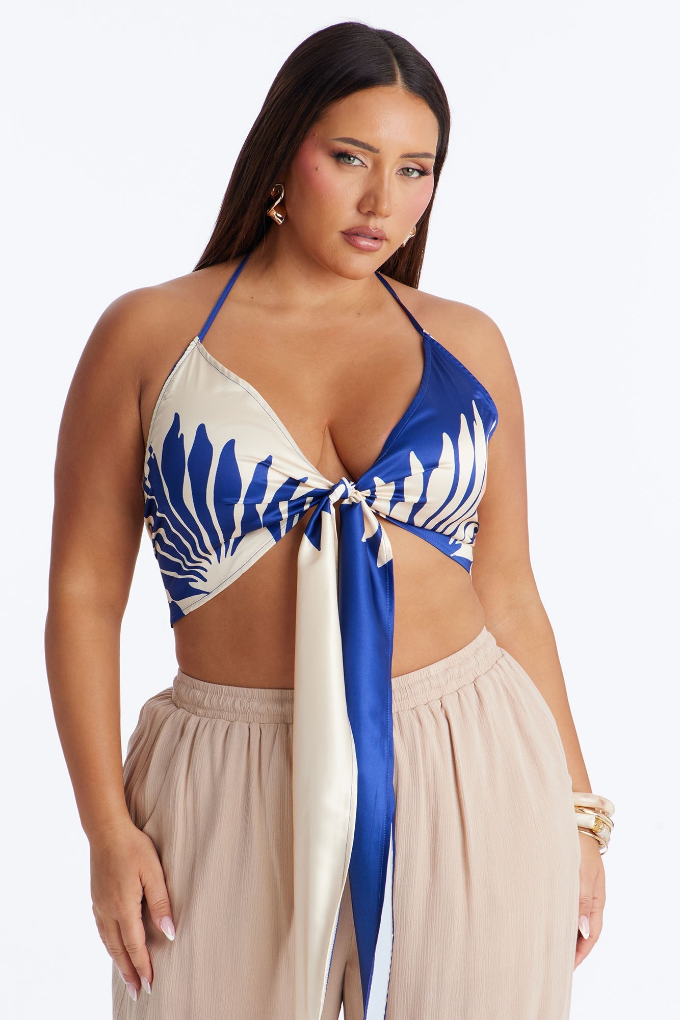 Tropical Cutie Satin Halter Top - Blue/combo NEWFASHIONEDGE