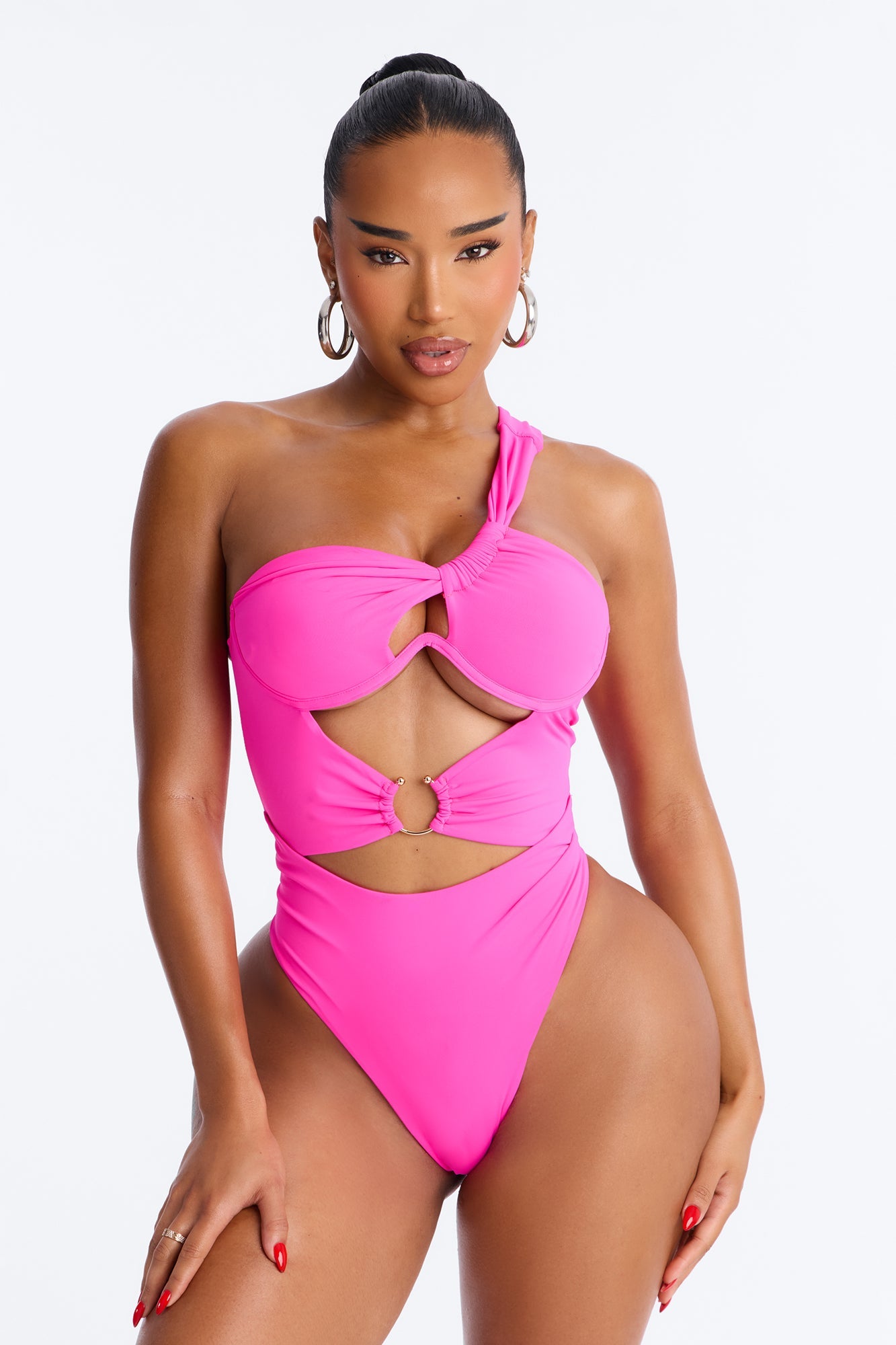 Can Sea Clearly Now Underwire One Shoulder Hardware Asymmetrical 1 Piece Swimsuit - Hot Pink Fashion Nova