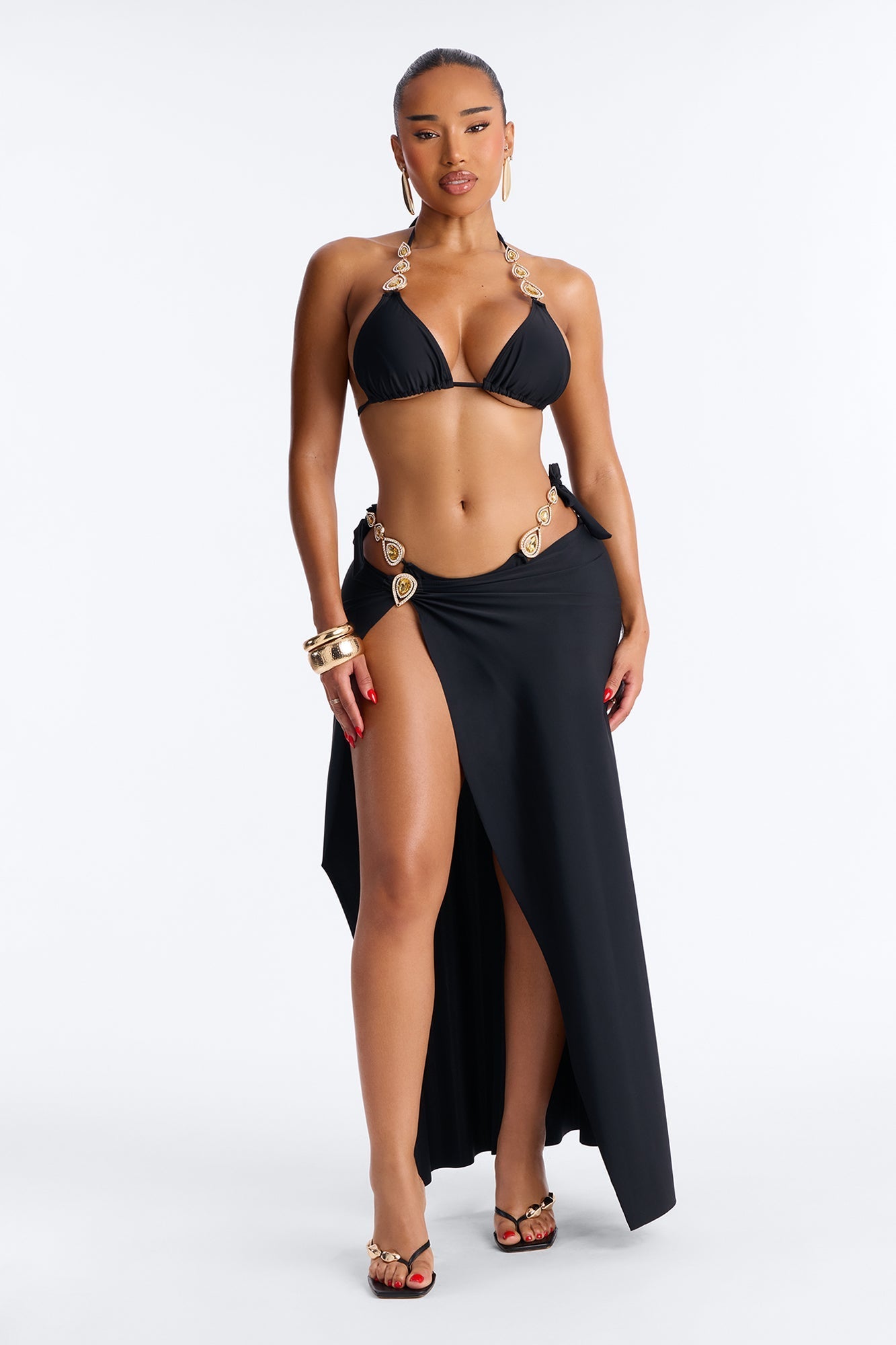Take Me To Cancun Hardware High Slit 3 Piece Bikini Skirt Set - Black NEWFASHIONEDGE