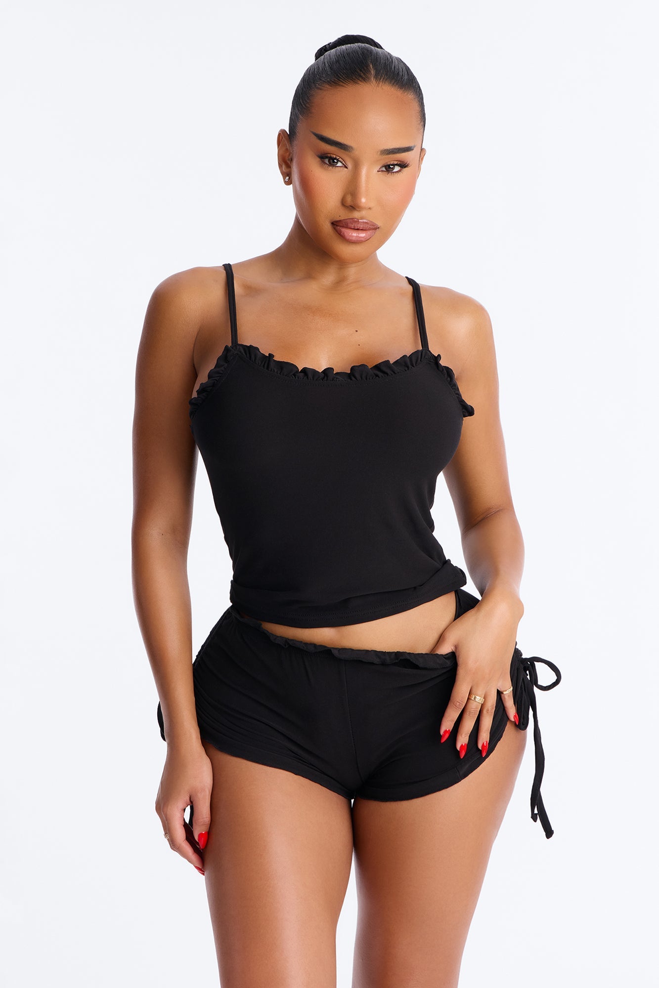 Kiss Goodnight Ruched Cami PJ Short Set - Black Fashion Nova