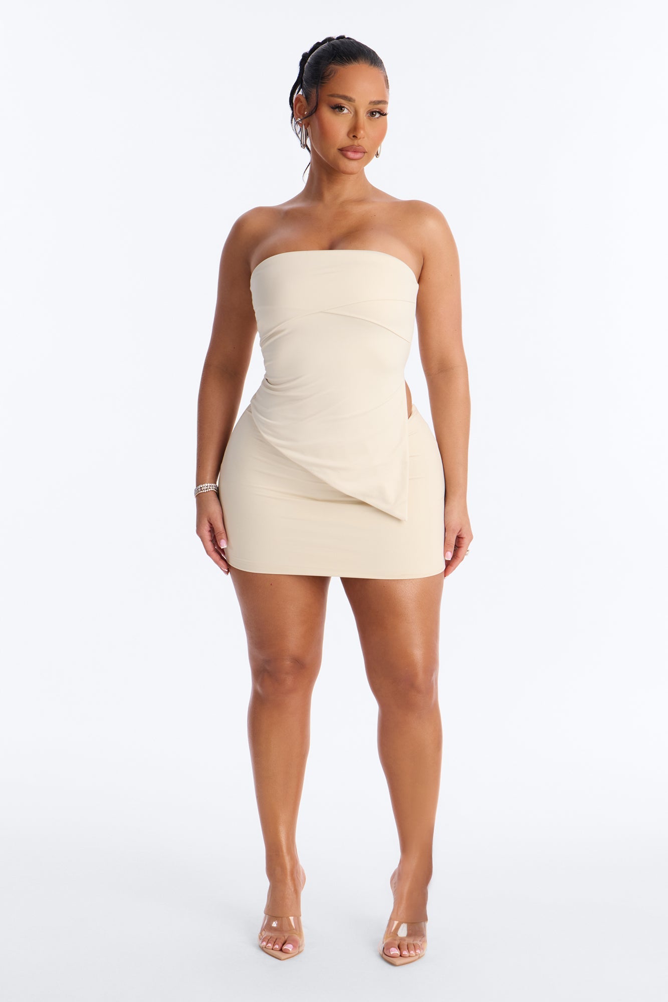 Contour Double Lined Asymmetrical Split Tube Top - Bone Fashion Nova