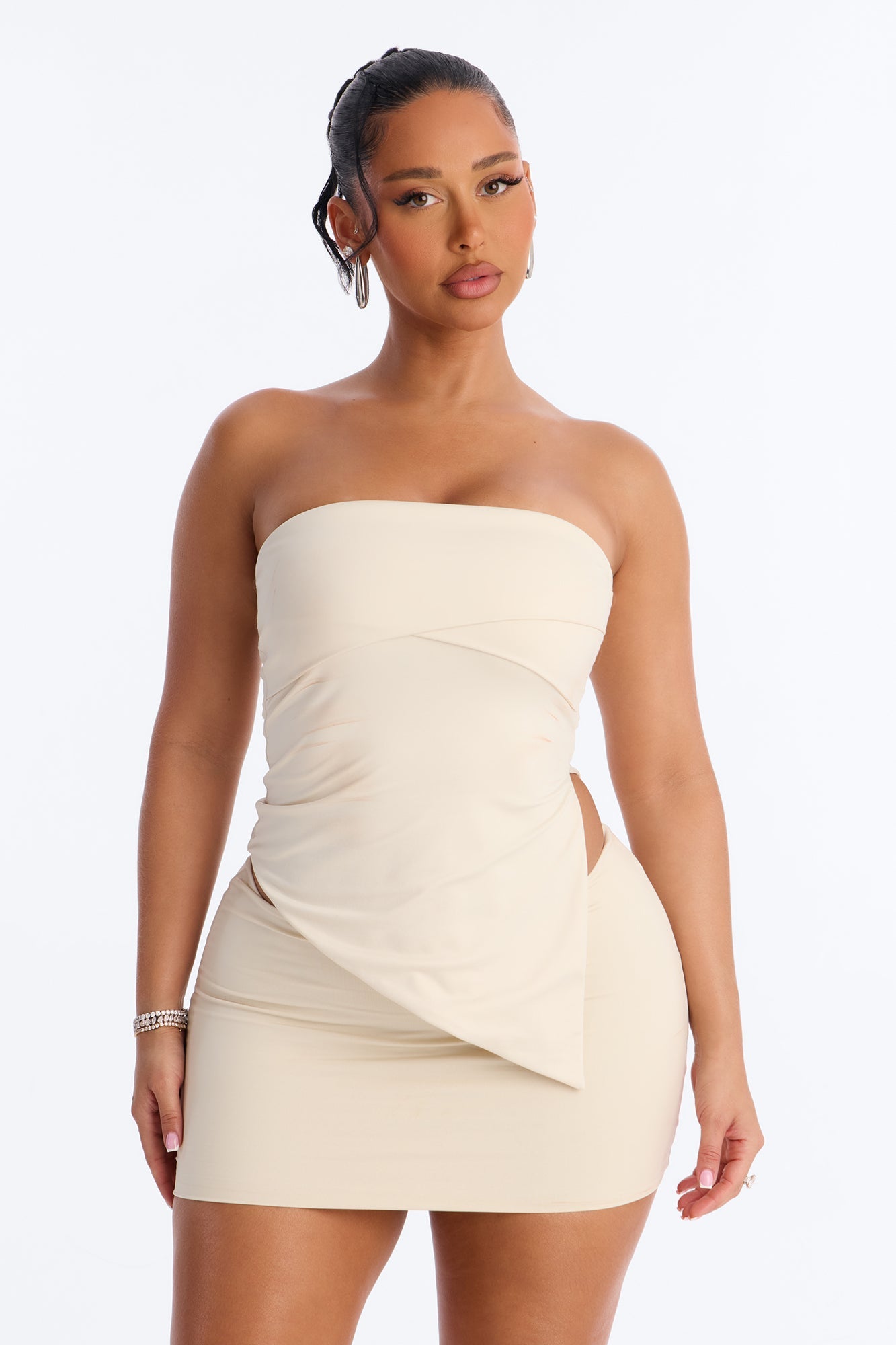 Contour Double Lined Asymmetrical Split Tube Top - Bone Fashion Nova