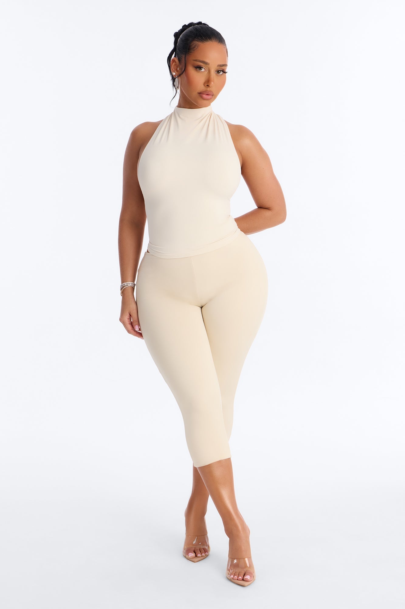 Second Skin Double Lined Mock Neck Racerback Top - Bone NEWFASHIONEDGE