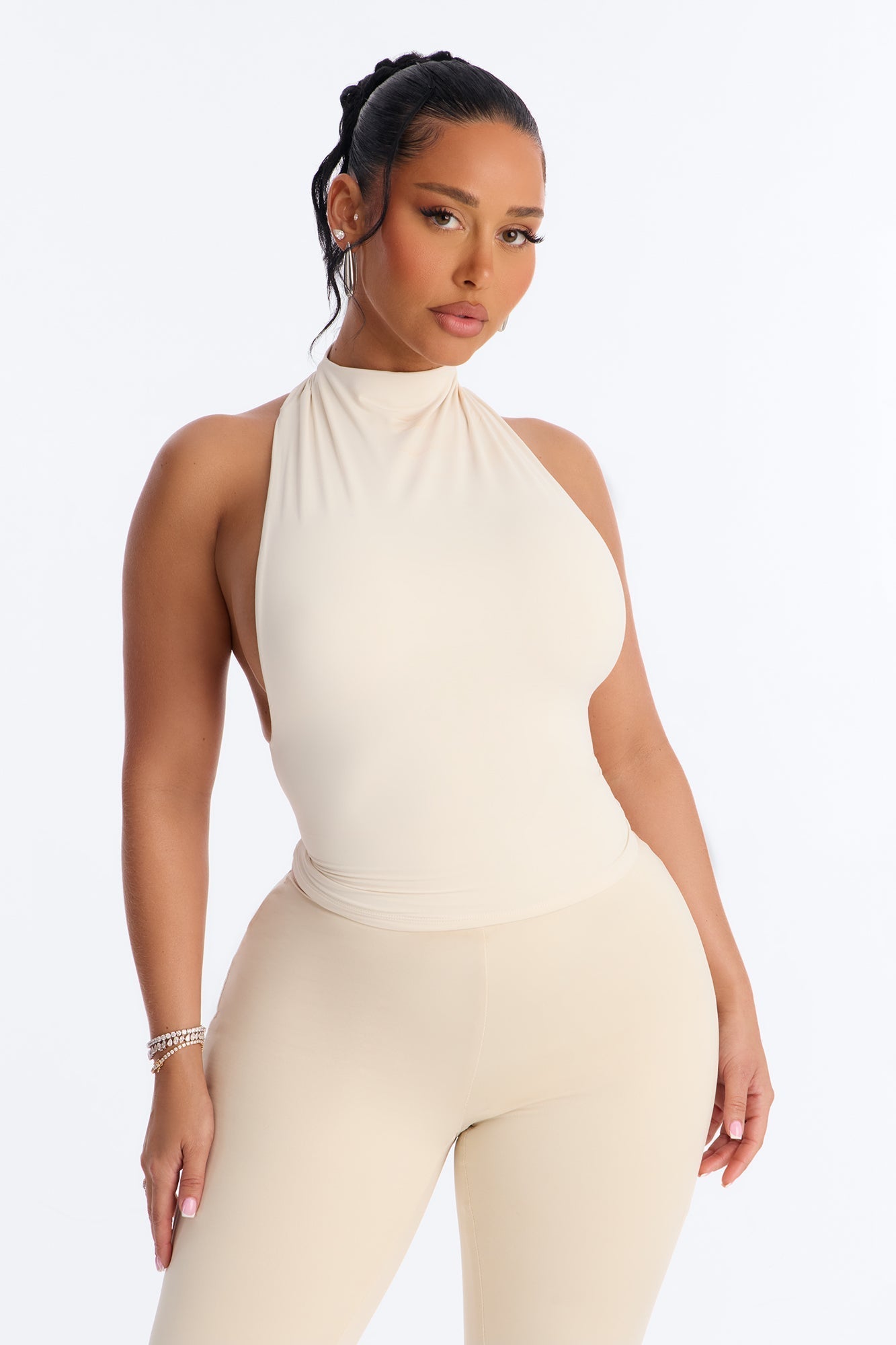 Second Skin Double Lined Mock Neck Racerback Top - Bone NEWFASHIONEDGE