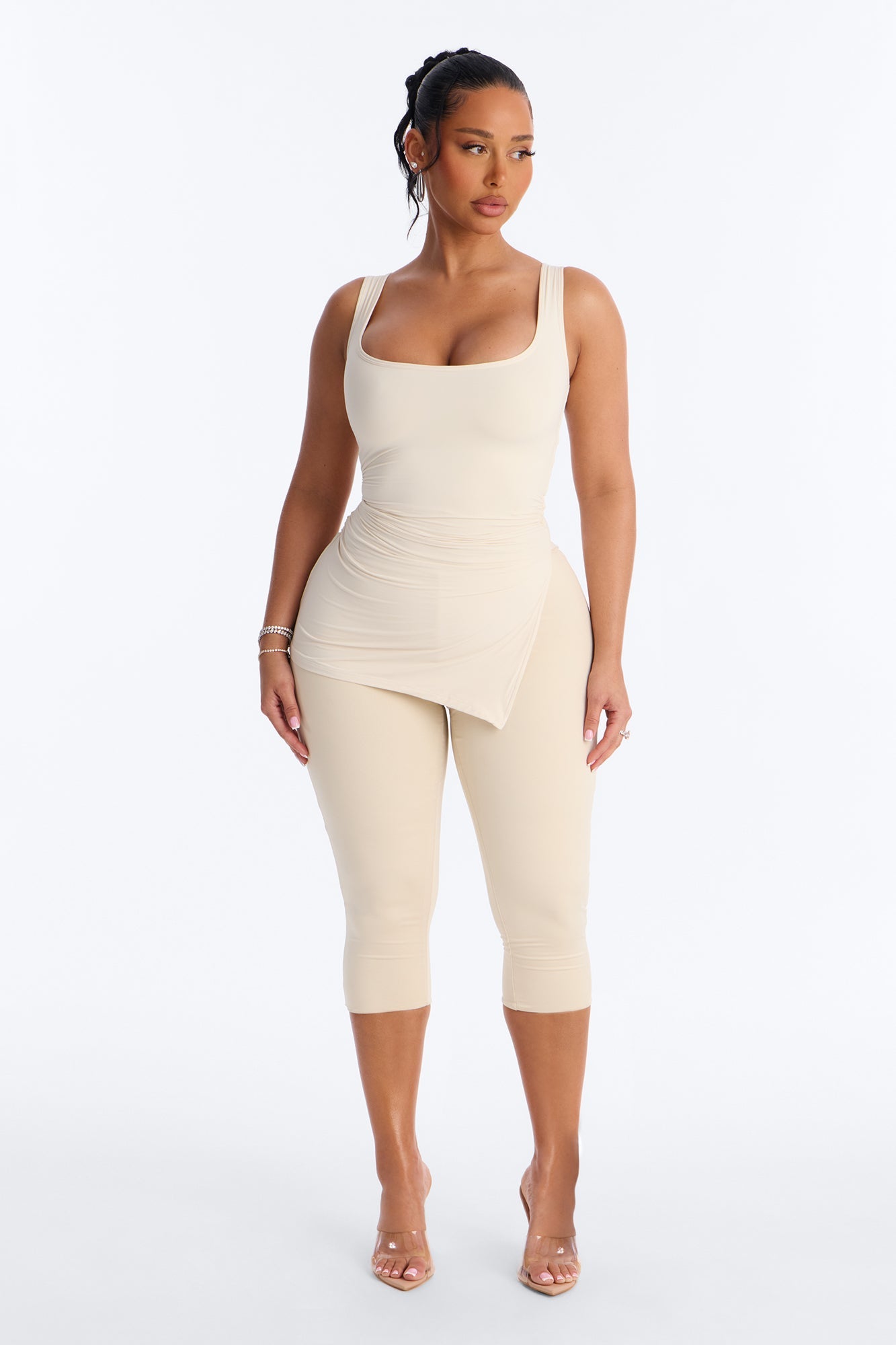 Second Skin Double Line Asymmetrical Ruched Tank Top - Bone