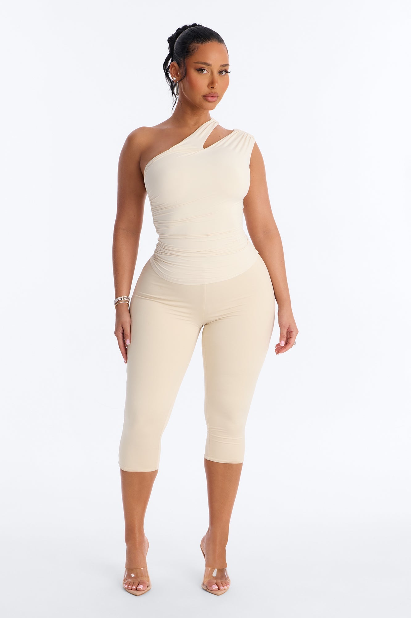 Second Skin Double Lined Cut Out One Shoulder Sleeveless Top - Bone NEWFASHIONEDGE