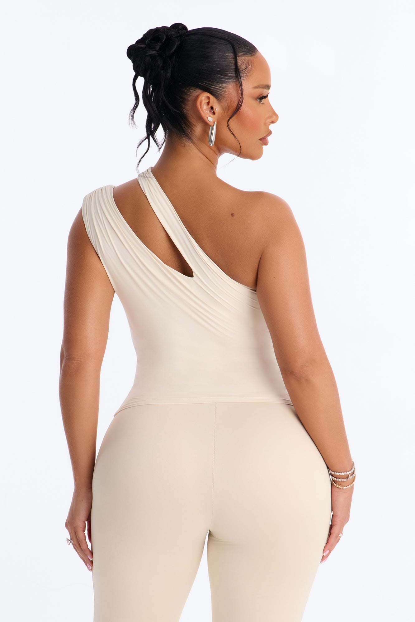 Second Skin Double Lined Cut Out One Shoulder Sleeveless Top - Bone NEWFASHIONEDGE