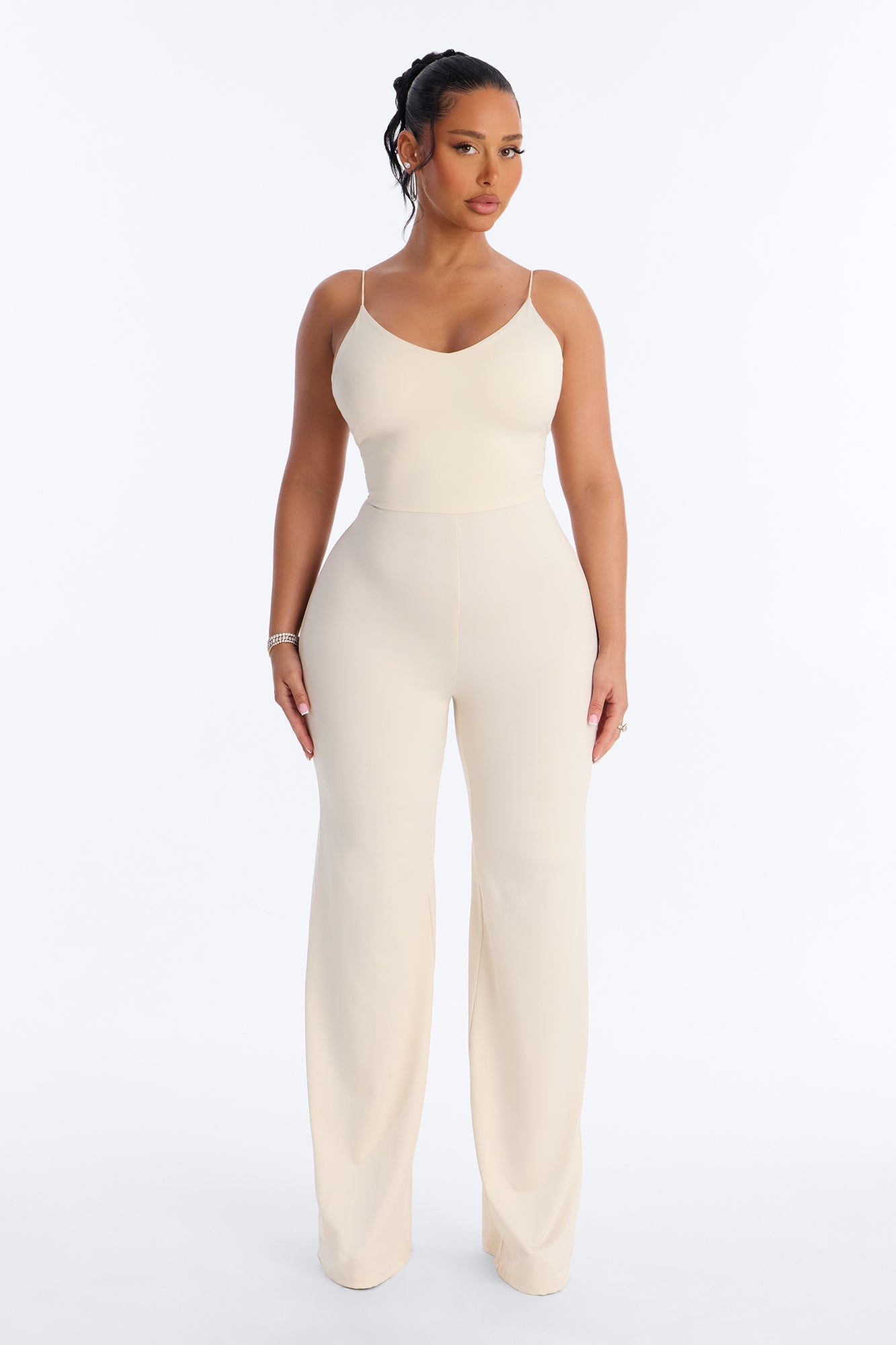 Contour Double Lined Spaghetti Strap Scoop Neck Jumpsuit - Bone NEWFASHIONEDGE