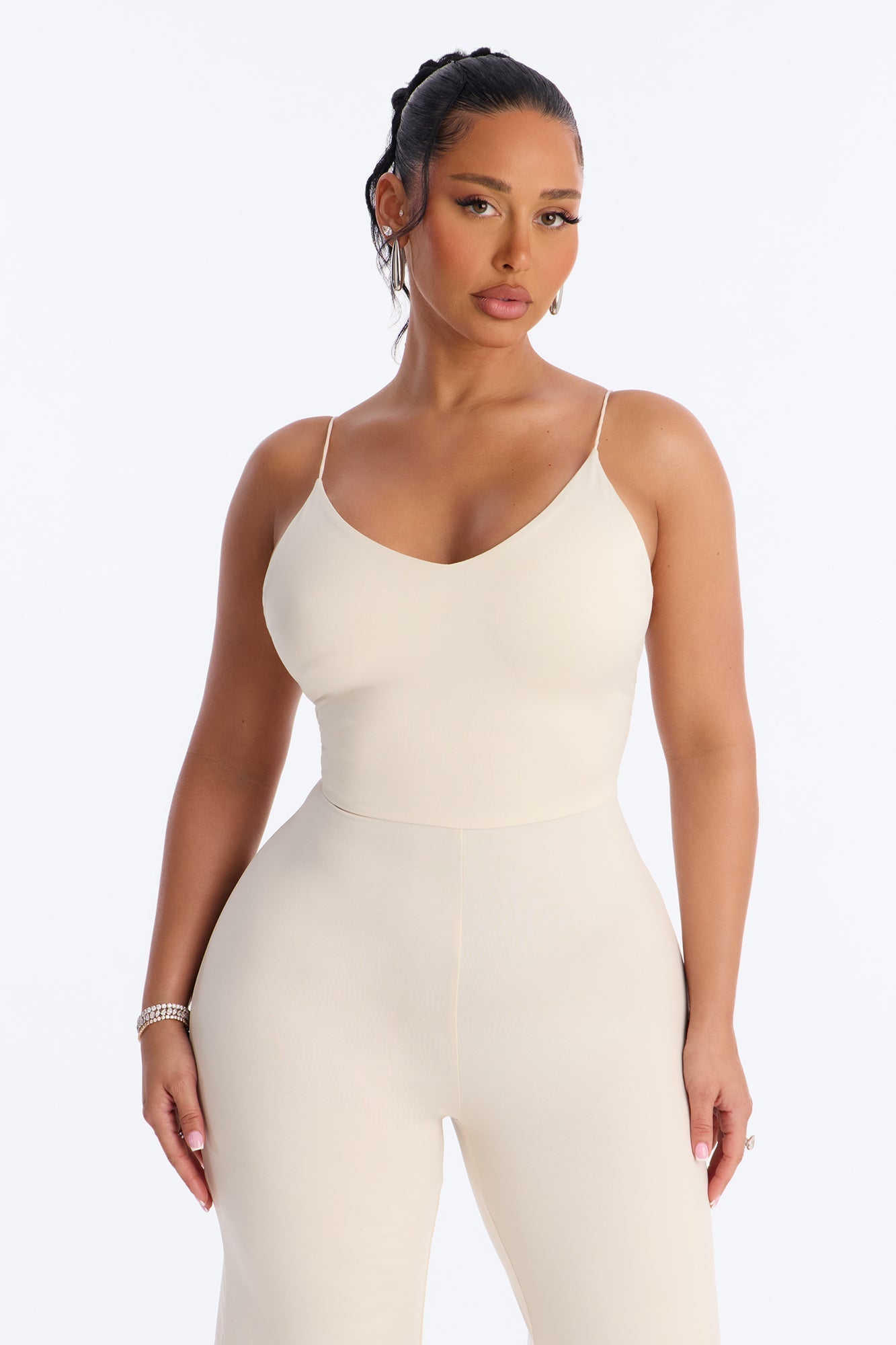 Contour Double Lined Spaghetti Strap Scoop Neck Jumpsuit - Bone NEWFASHIONEDGE