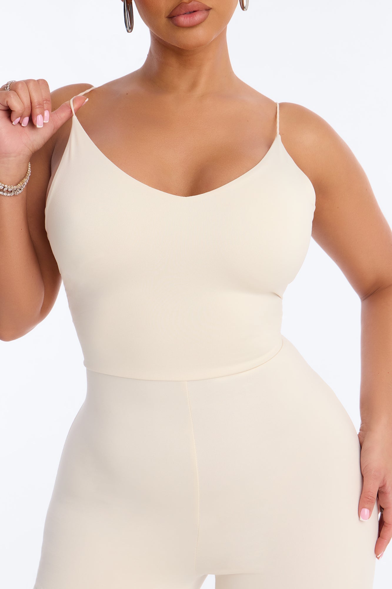 Contour Double Lined Spaghetti Strap Scoop Neck Jumpsuit - Bone