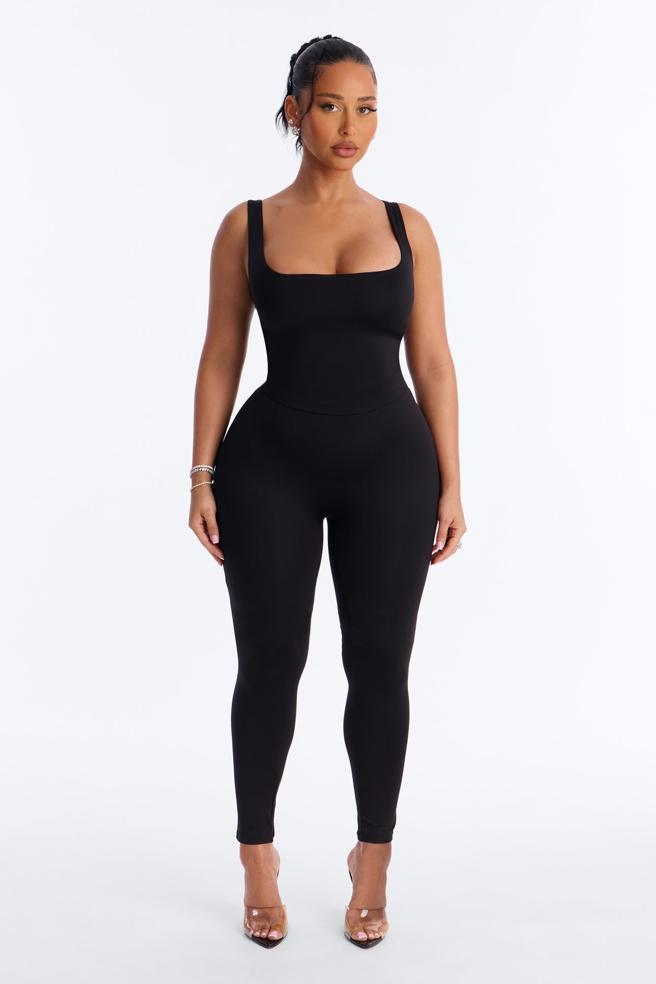 Contour Double Lined Sleeveless Square Neck Jumpsuit - Black NEWFASHIONEDGE