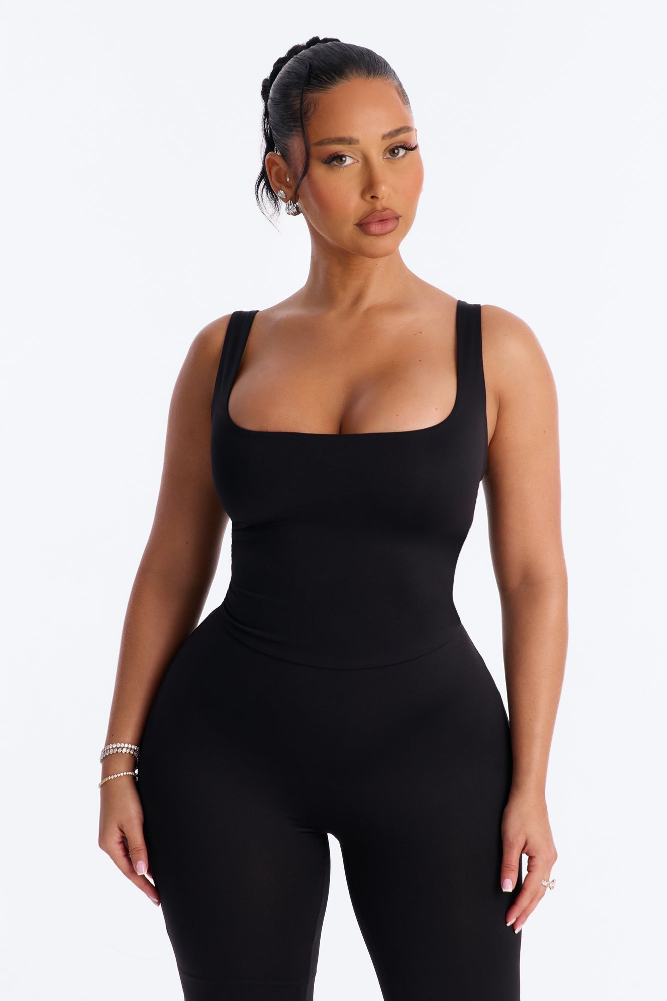Contour Double Lined Sleeveless Square Neck Jumpsuit - Black NEWFASHIONEDGE