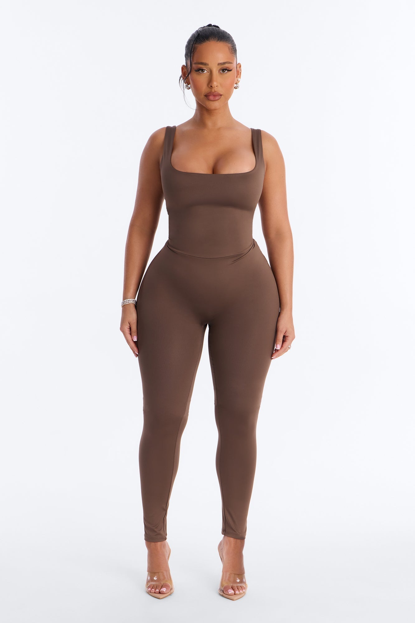 Contour Double Lined Sleeveless Square Neck Jumpsuit - Brown NEWFASHIONEDGE