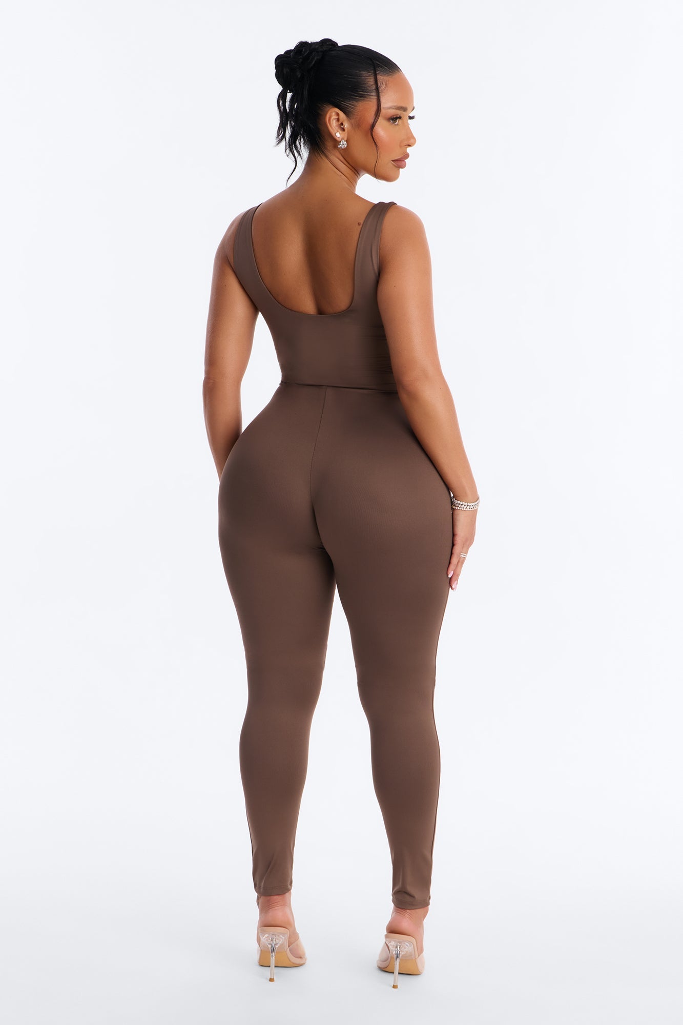 Contour Double Lined Sleeveless Square Neck Jumpsuit - Brown NEWFASHIONEDGE