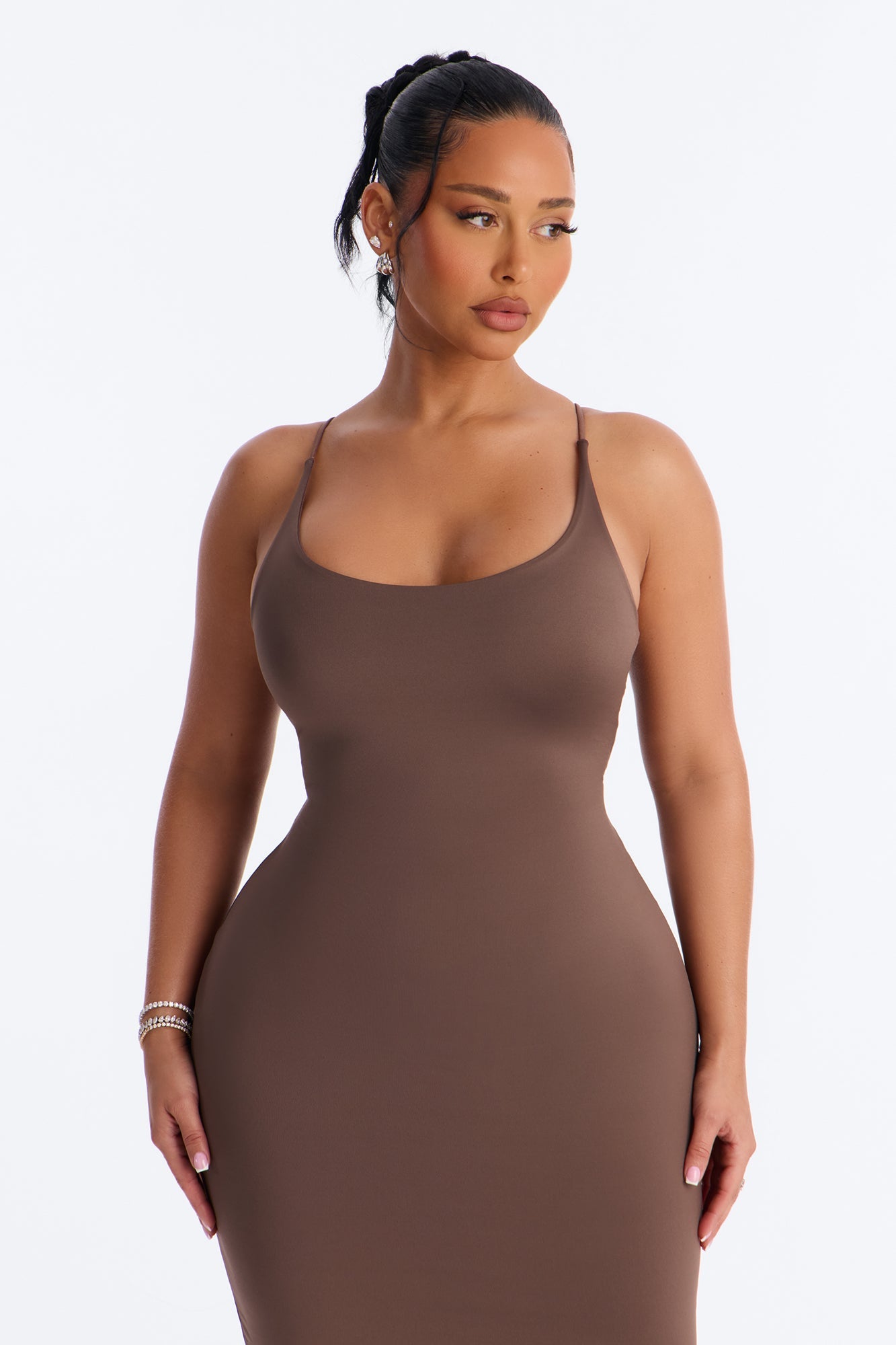 Contour Double Lined Scoop Neck Spaghetti Strap Maxi Dress - Brown NEWFASHIONEDGE