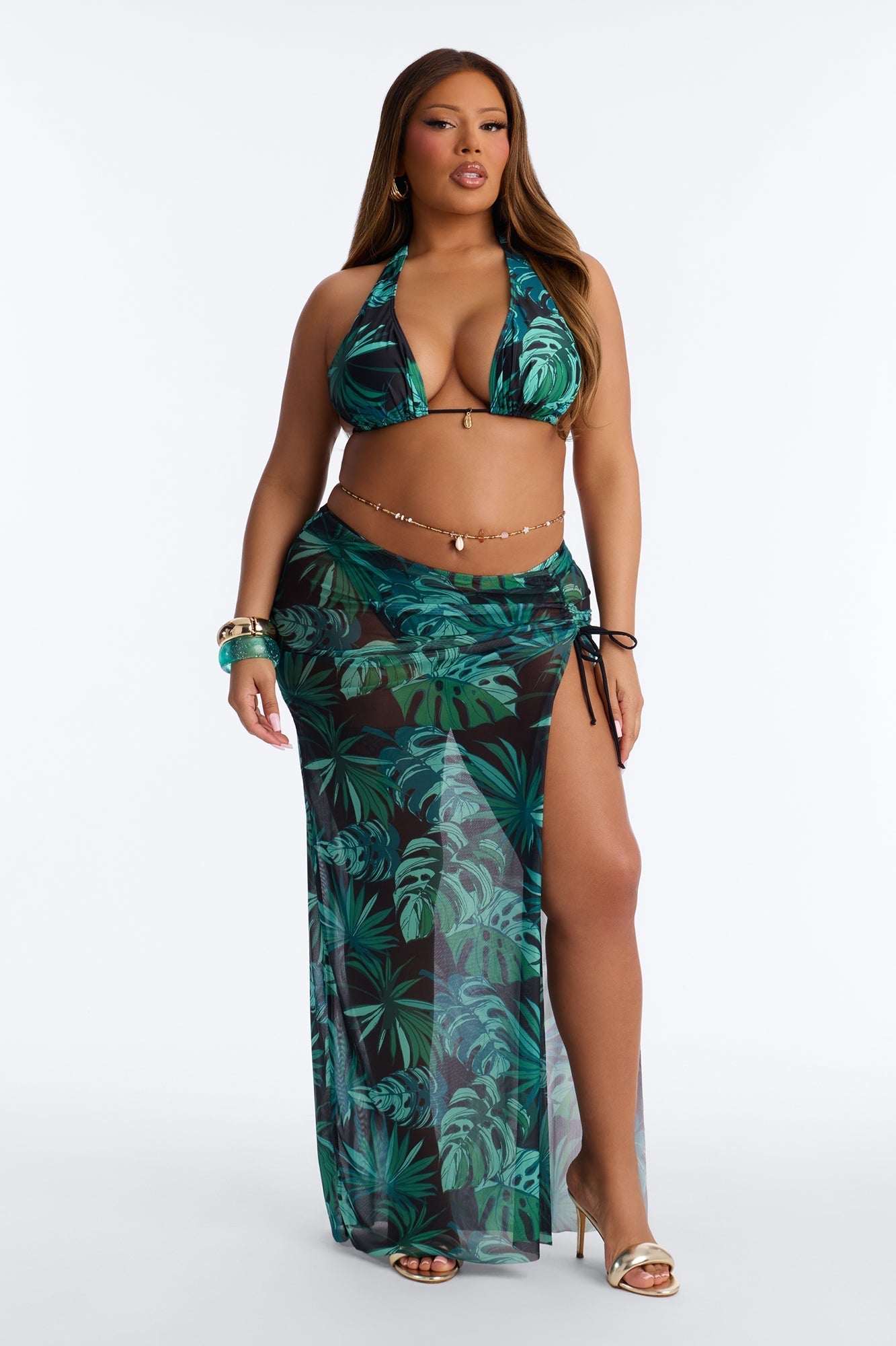 Tiki Goddess 3 Piece Triangle Bikini And Maxi Skirt Set - Green/combo NEWFASHIONEDGE