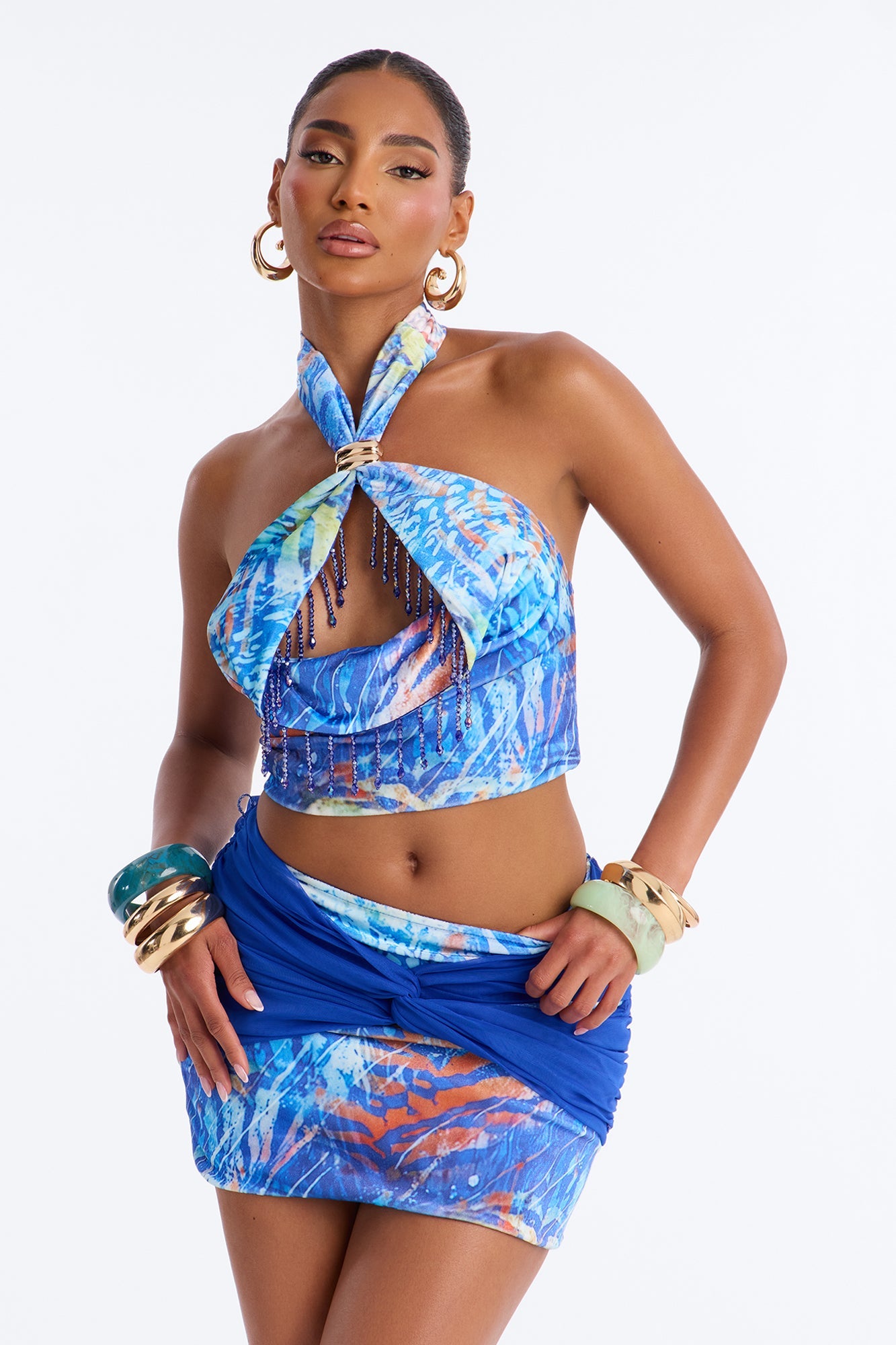 Island Heat Halter Skirt Set - Blue/combo Fashion Nova